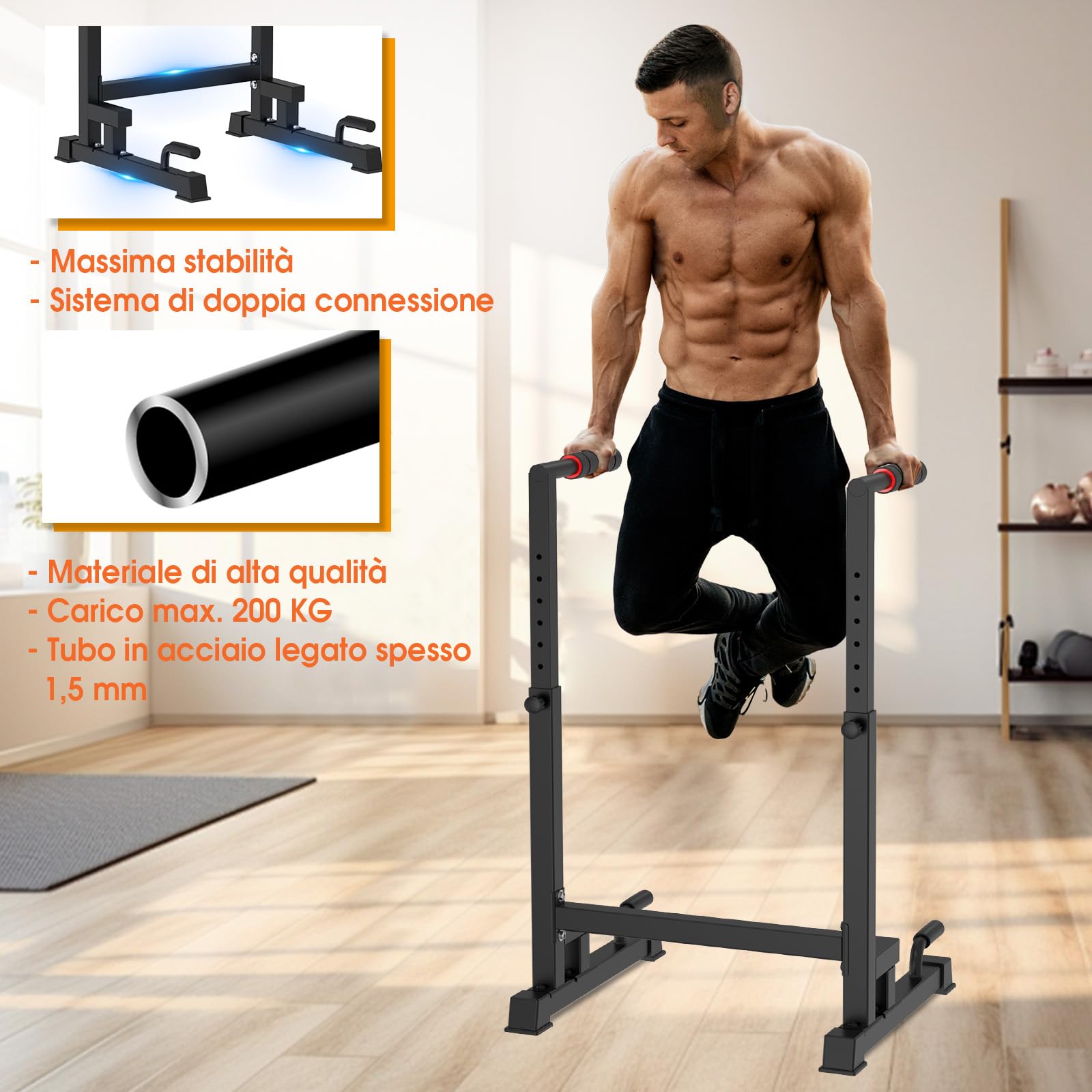DH FitLife - Dip Parallele Calisthenics Robuste, Stabili e Versatili per Allenamento a Casa | Dip Station Regolabile in 9 Altezze (100-130 cm), Ideale per Parallele Dip, Push Up e Sviluppo Forza