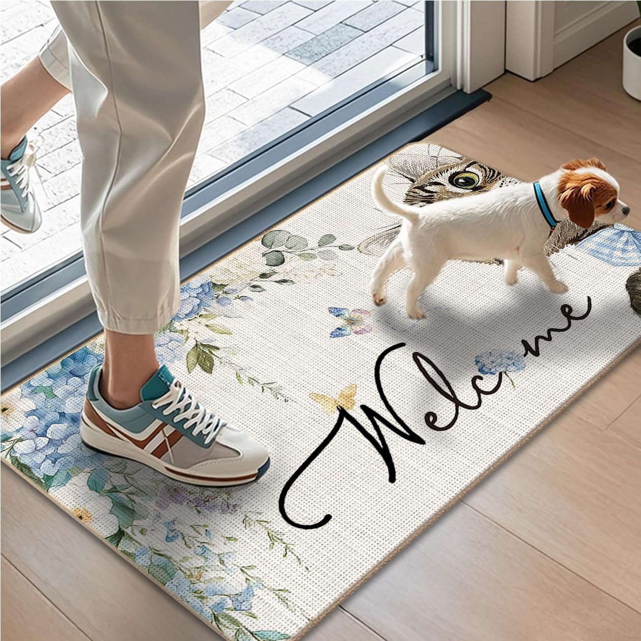 Cat Welcome Mat, Blue Rustic Hydrangea Floral Tabby Cat Door Mat for Front Door Indoor Outdoor Entrance Porch, Cute Kitten Doormat Bath Mats, 17x30 Inches