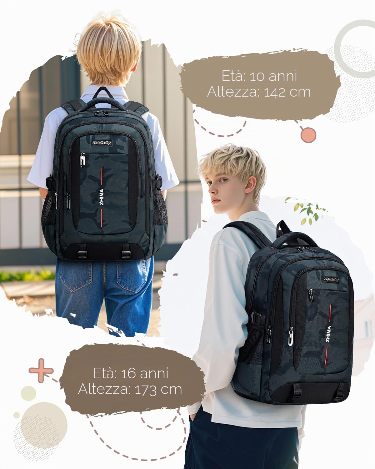 Amythe Zaino per Ragazzi delle Scuole Elementari e Medie, Set di Zainetto per Bambini Impermeabile con Stampa Mimetica, Zaino Casual con Zaino a Tracolla e Astuccio per Penne, Verde