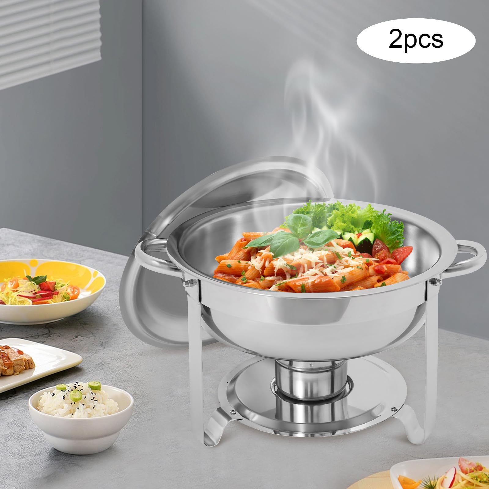 Chafing Dish, 4,5 l - Aparadores calefactores redondos para alimentos, acero inoxidable alimentario, con tapa, para restauración, buffet y fiesta (2 unidades)