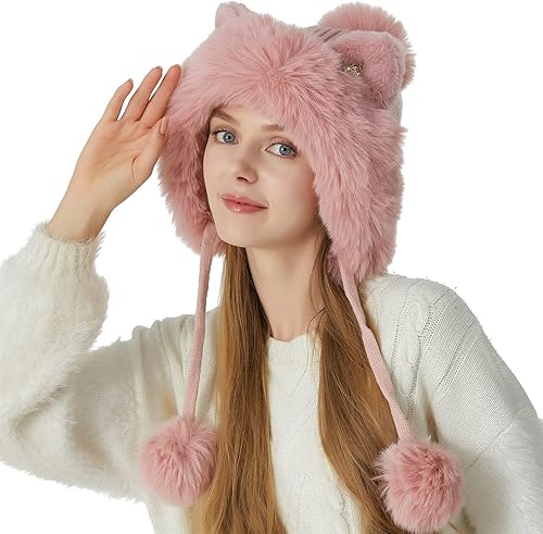 HUAMULAN - Gorro de invierno para mujer estilo peruano con forro polar, solapas para orejas, doble capa, con pompones