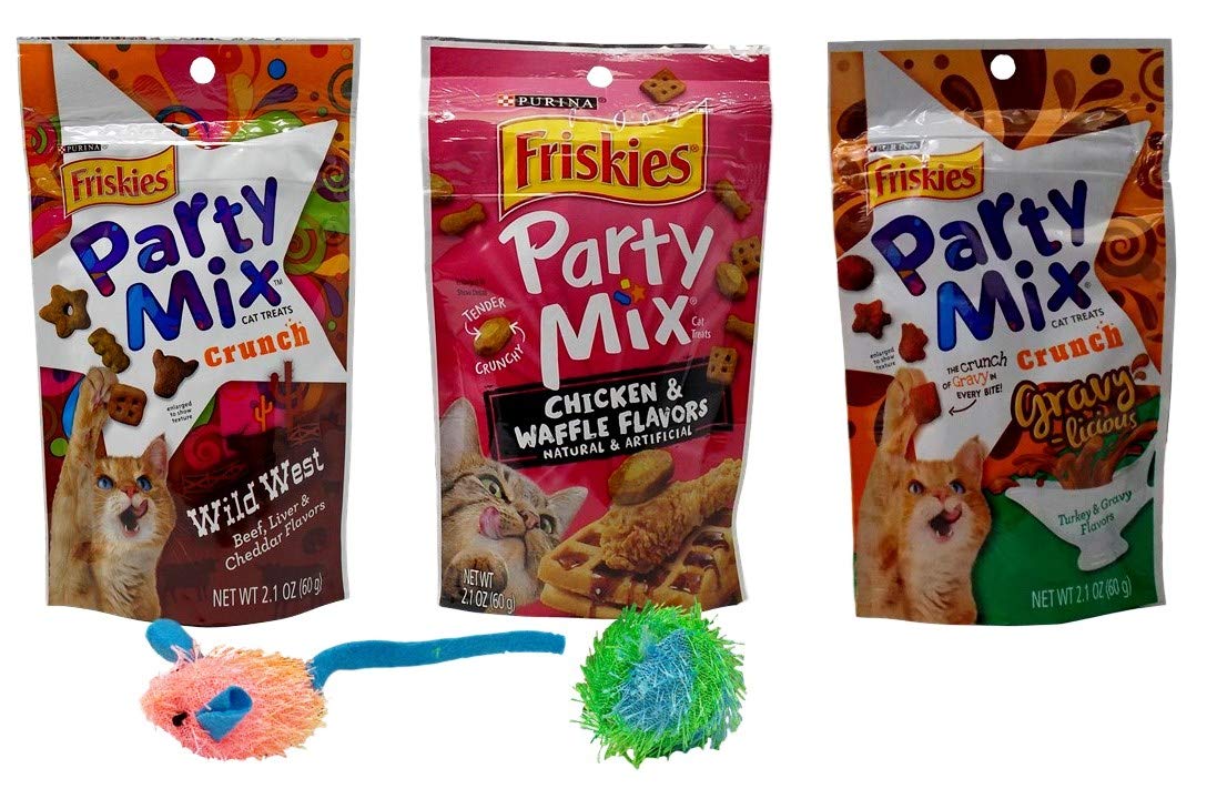 Friskies Party Mix Treats for Cats 3 Flavor Variety with 2 Toys Bundle,1 Each: Wild West, Chicken Waffle, Turkey Gravy-Licious (2.1 Ounces)