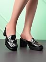 XE Looks Women’s Patent Finish Slip-On Mules | Chain Detail Block Heel Sandals for Women gallery image