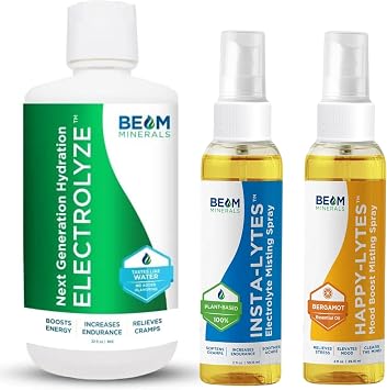 Beam Minerals Electrolyte Imbalance Solution Electrolyze and Insta-Lytes Natural Liquid Electrolytes 2oz and Happy-Lytes Fulvic Electrolyte Misting Spray 2oz