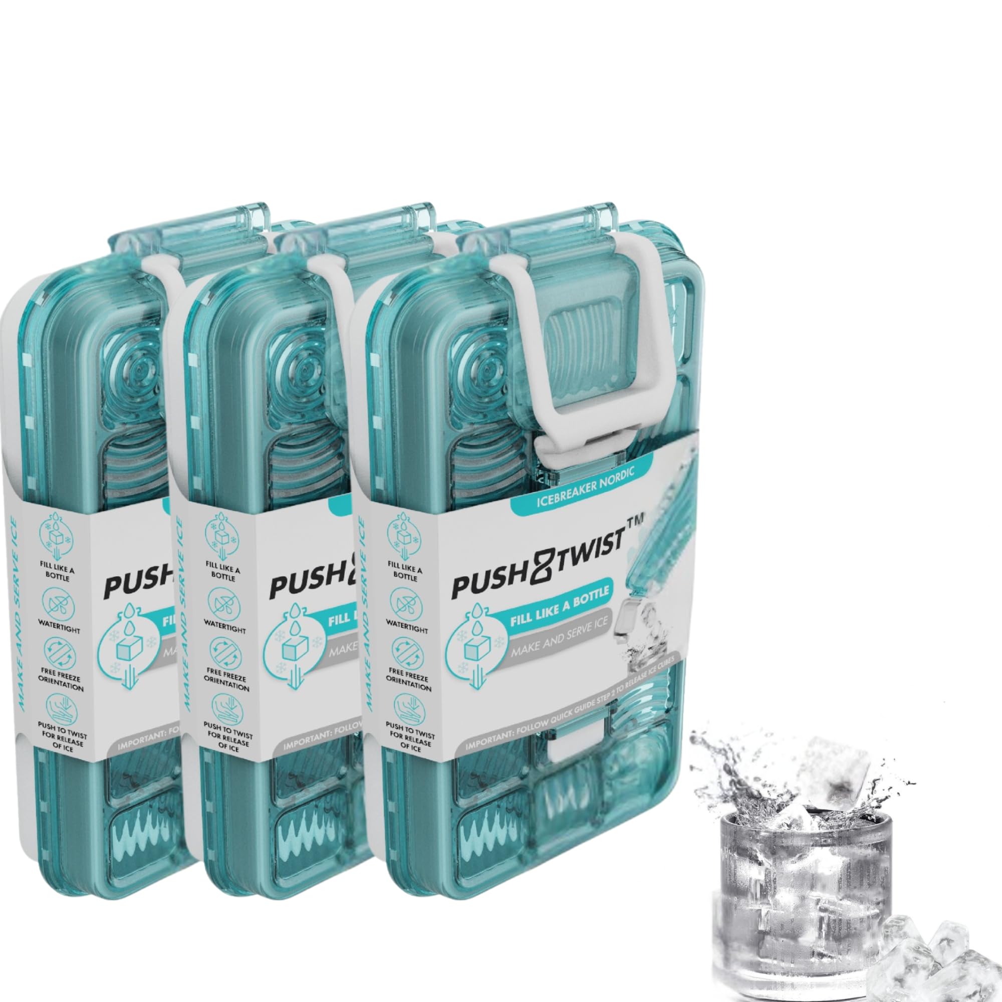 ICEBREAKER NORDIC Push & Twist 3er Set Eiswürfelform mit Deckel (18x3 Eiswürfel) | Eiswürfelbehälter für Gefrierschrank | No-Touch Eiswürfelbereiter - Auslaufsichere, platzsparende Eiswürfelformen