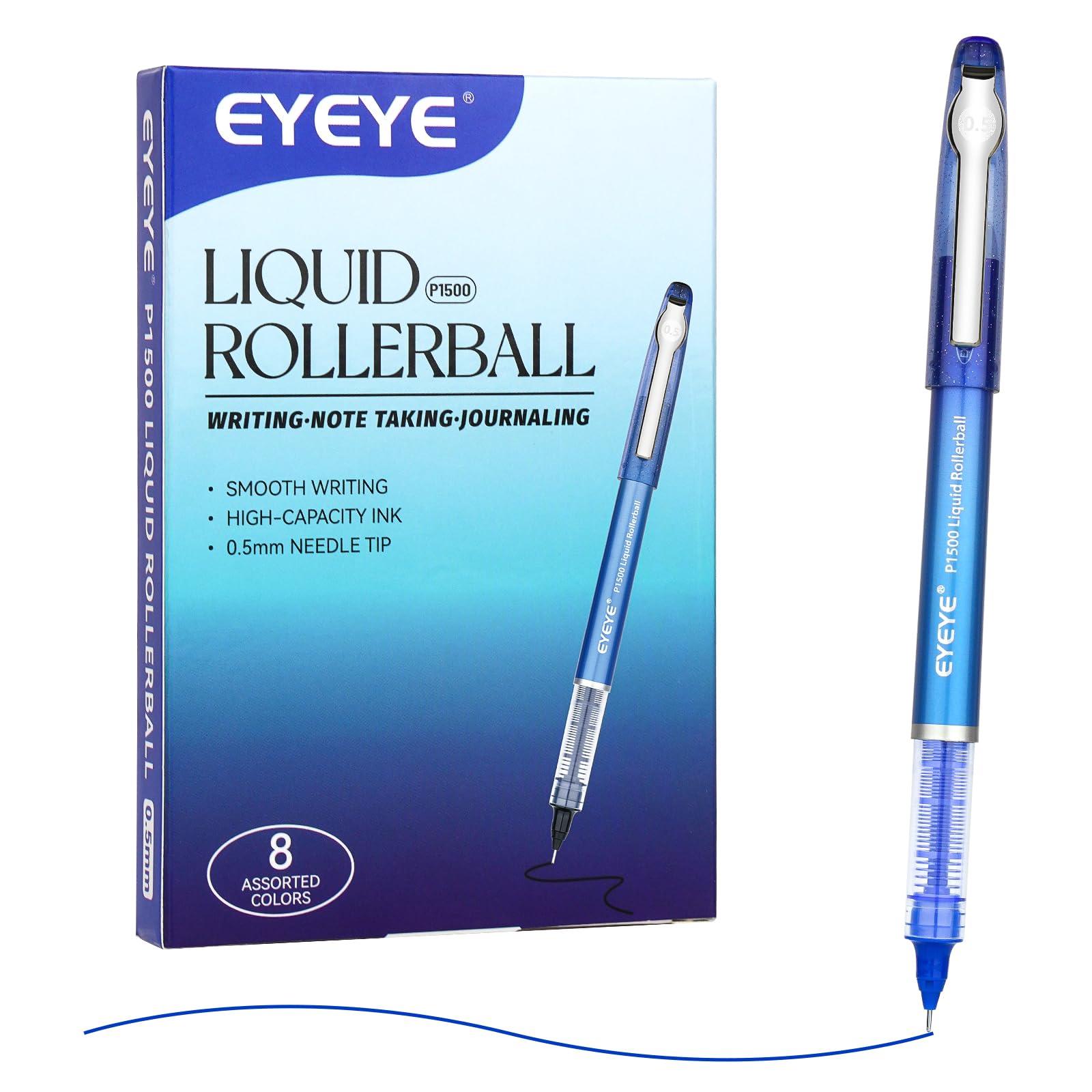 EYEYE 0.5mm Roller Ball Pens 8 Assorted Colors, Quick Drying Liquid Ink Needle Rollerball Pens Extra Fine Point Smooth Writing Pen for Journaling,