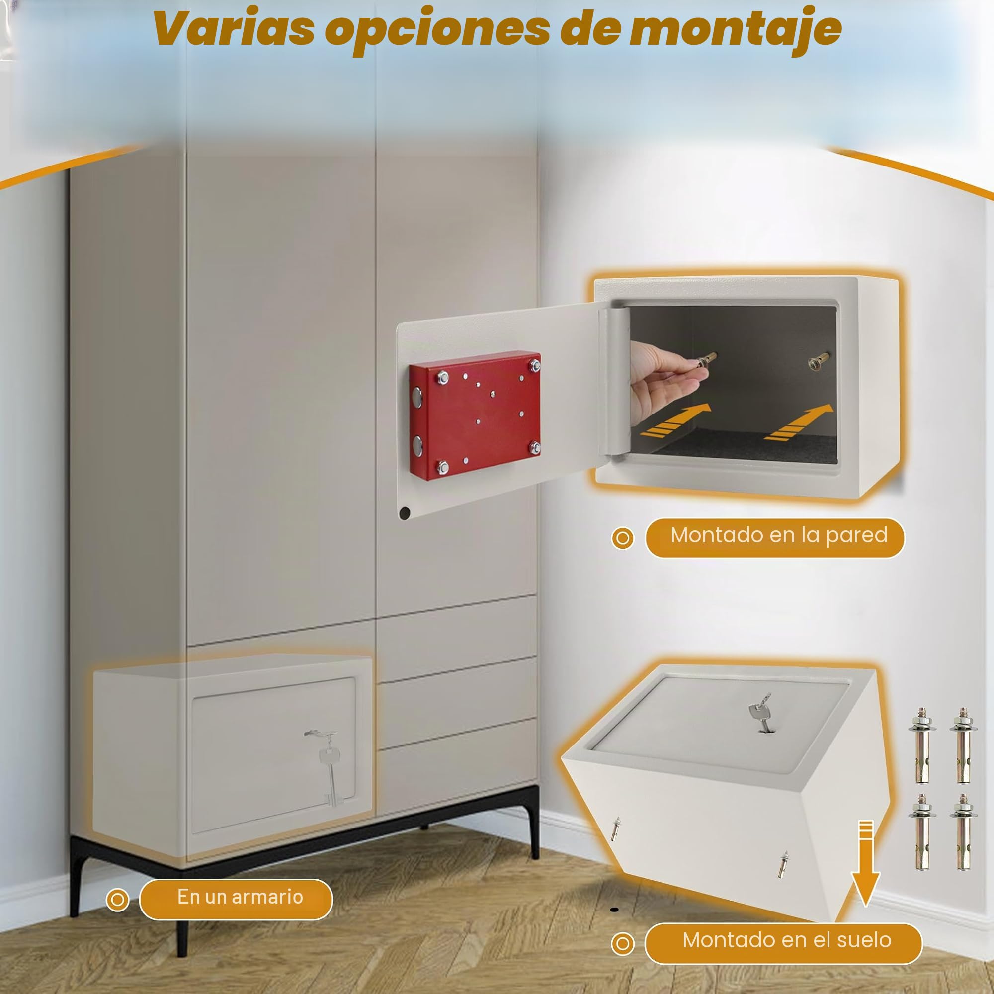 Froadp Caja Fuerte para Muebles con Cerradura de Doble Paleta, 2 Llaves y Tornillos de Fijación Caja de Seguridad para Pared, Casa, Hotel y Objetos de Valor, Plata (L - 31 x 20 x 20 cm)