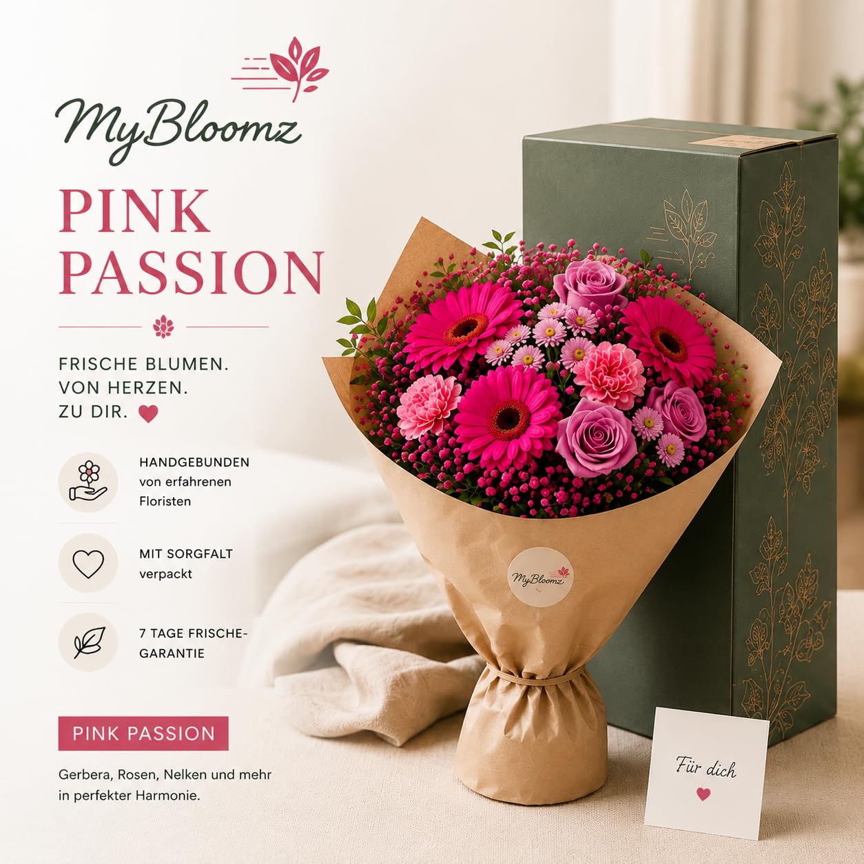 MyBloomz Pink Passion | Premium Blumenstrauß mit Gerbera, Rosen & Chrysanthemen | Frisch gebunden | sicher verpackt | Geschenk für Geburtstag, Liebe, Danke & besondere Momente
