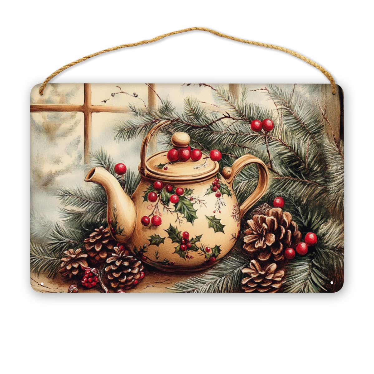 CDSASHCA Christmas Teapot Wooden Board Poster,Home Kitchen,Bathroom,Living room,Cafes Wall Hanging decor Wood Plank Signs,Funny Teapot Christmas