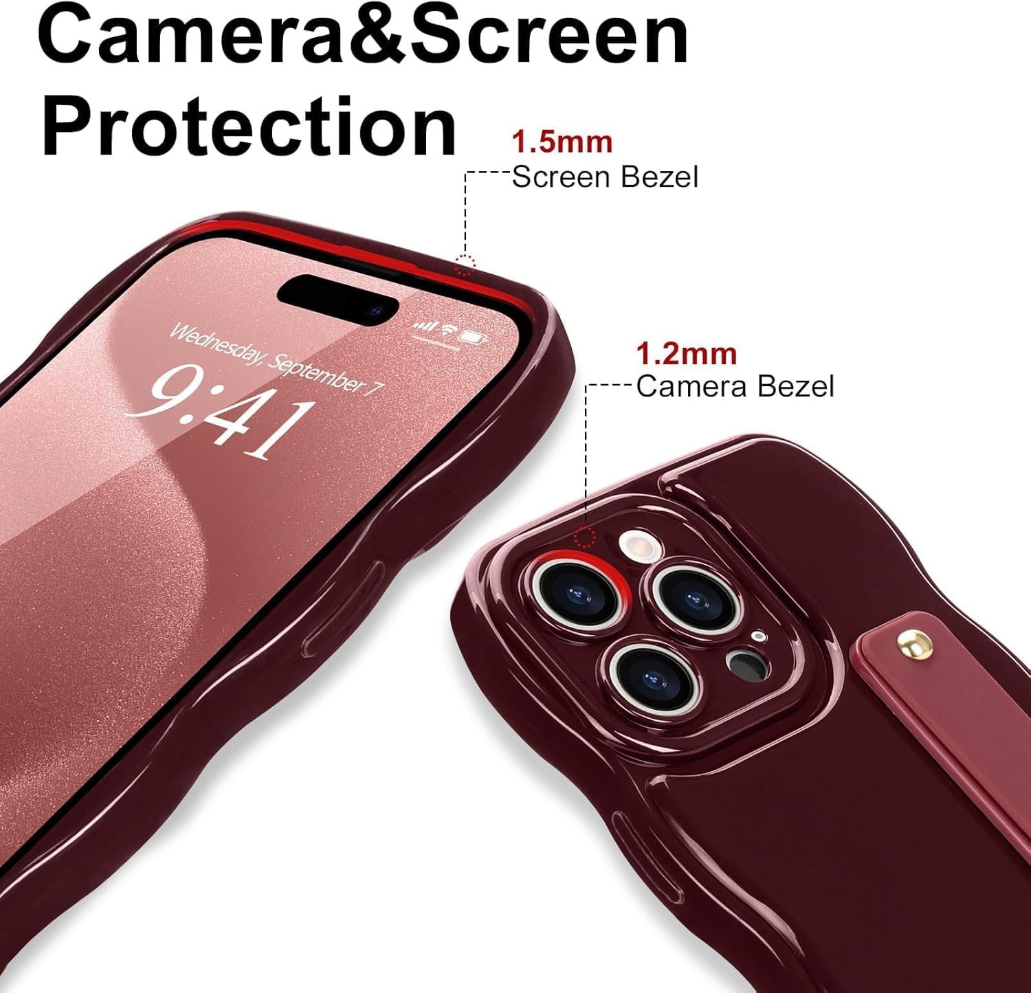 LAPOPNUT for iPhone 15 Pro Max Case for Women Girls,Simple Curly Wave Frame Design Soft Silicone Phone Case with Adjustable Wrist Strap Kickstand for iPhone 15 Pro Max Protective Cover,Wine Red - Image 4