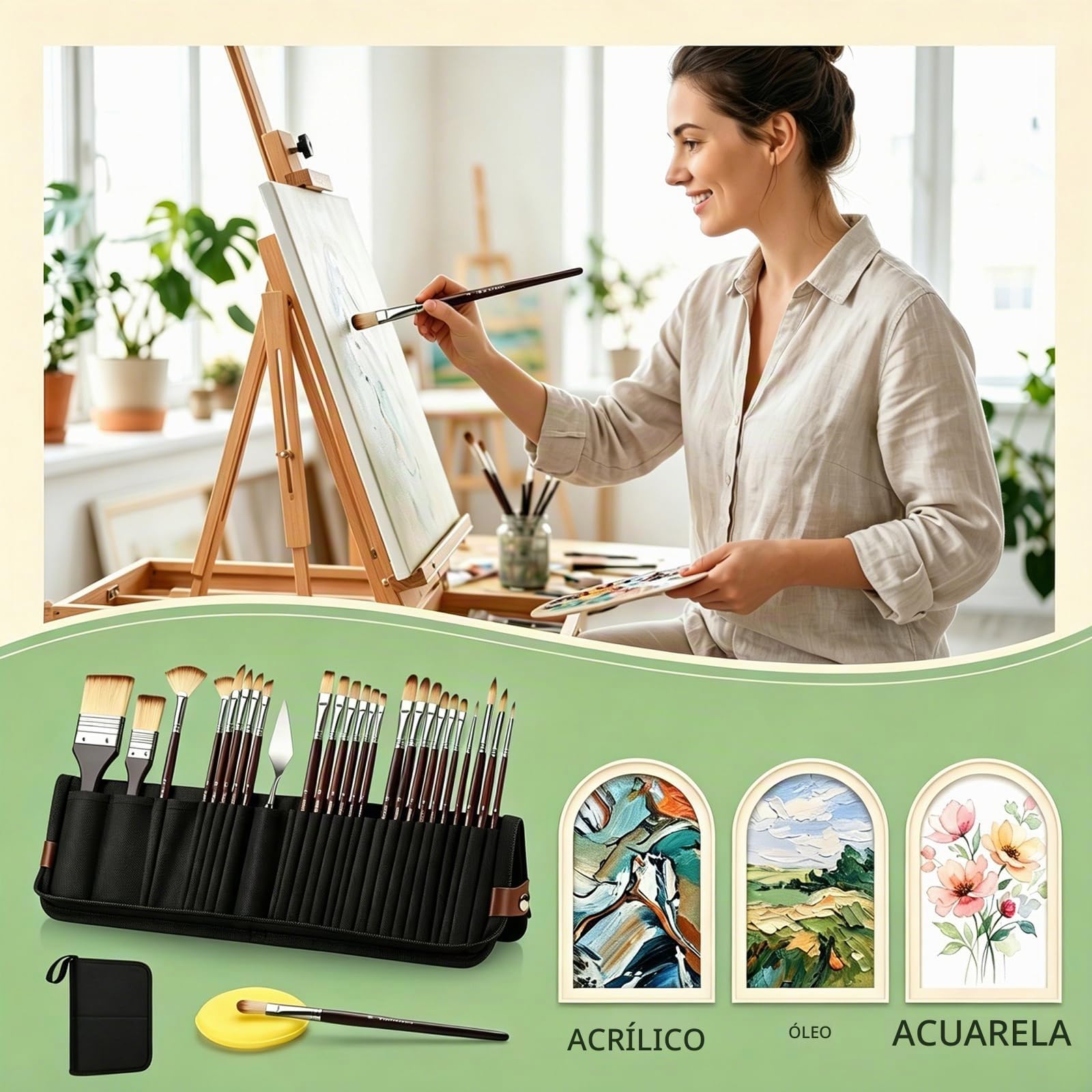 26 Piezas Juego de Pinceles para Pintar, Pinceles Pintura Acrilica con Estuche Soporte, Pinceles Profesionales para Acuarela, Óleo y Manualidades, Kit de Pincel Abanico y Espátula para Artistas