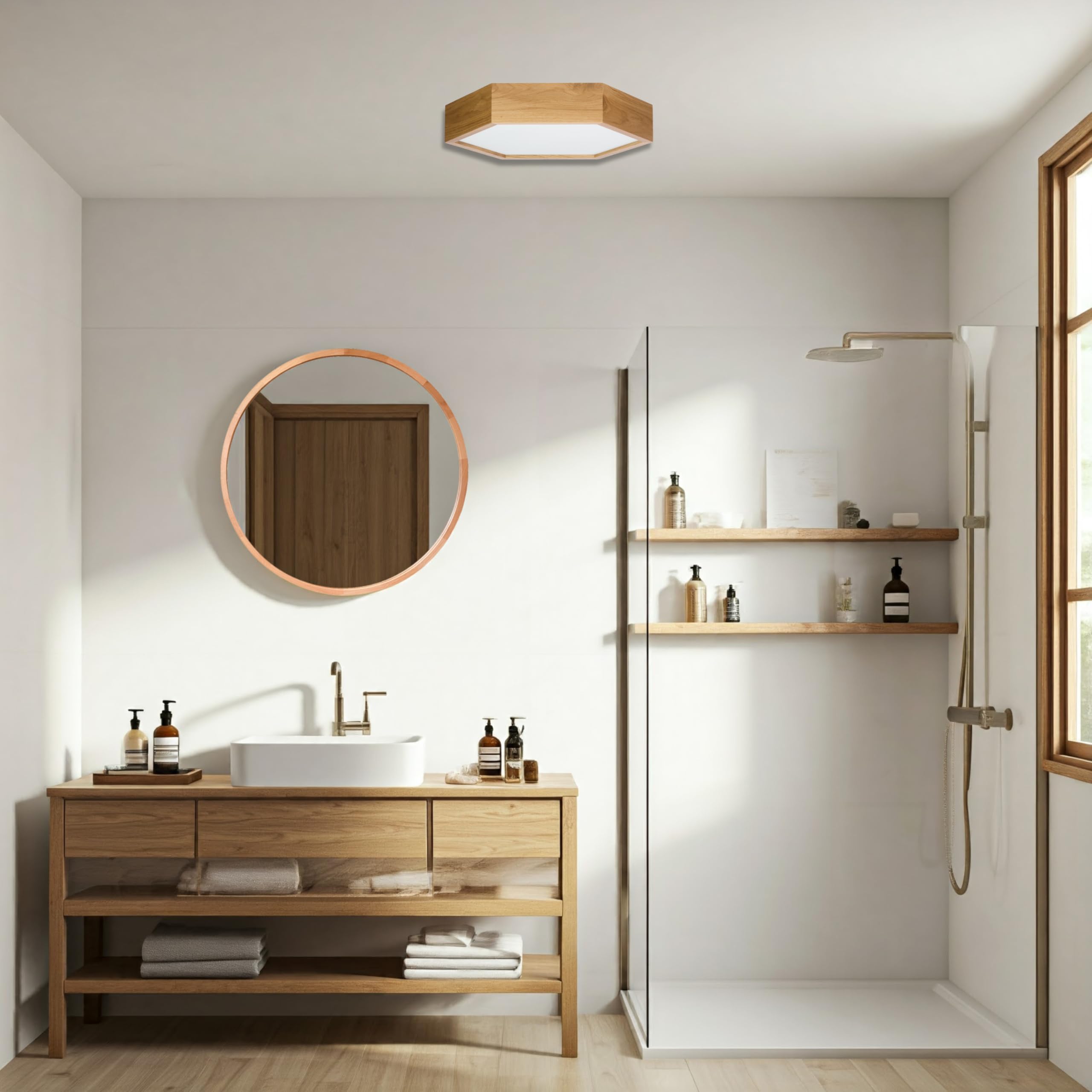 Deckenlampe - Sechseck Holz Deckenleuchte Eiche 2xE27 (∅37 cm) - Modern Beige Lampe für Schlafzimmer, Wohnzimmer, Flur, Küche - Stilvolle Eichenholz LEJA