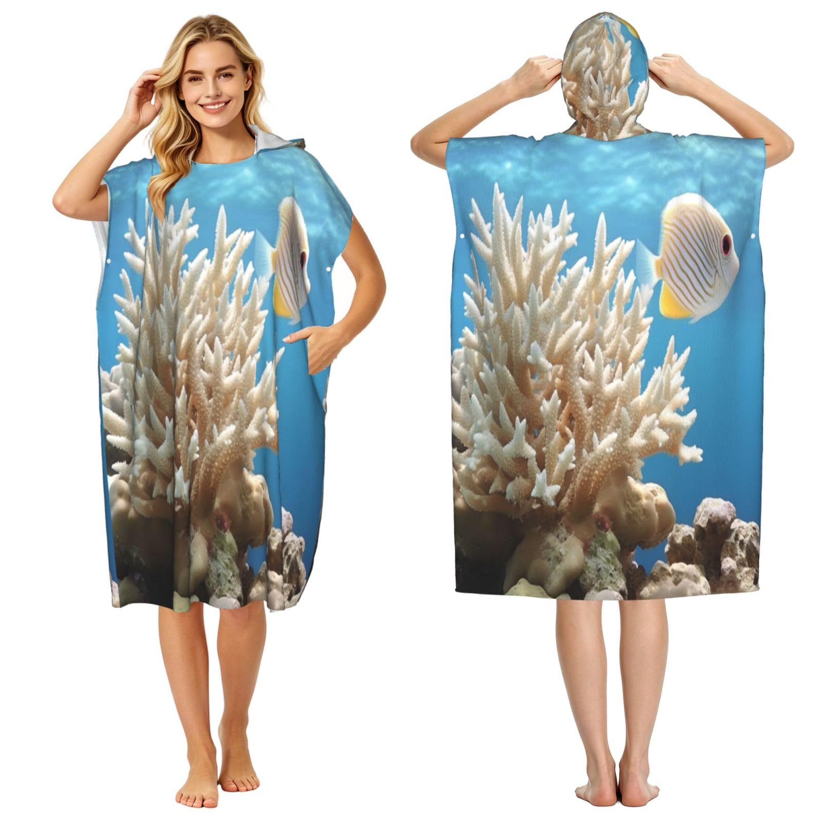 DTHKJNLSF Coral And Fish Adult Hooded Beach Poncho Towel