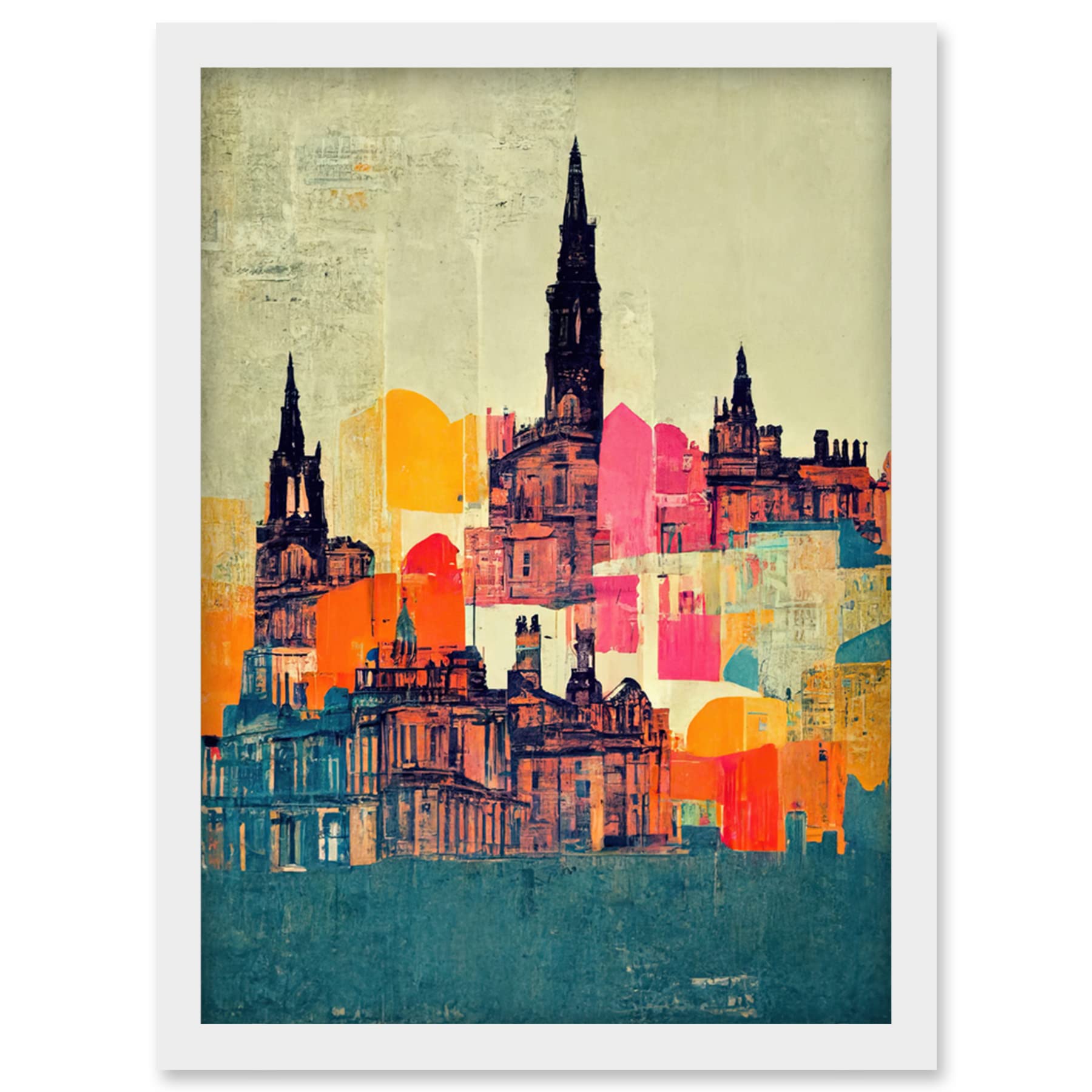 Wee Blue Coo Boho Abstract Multi Coloured Cityscape Skyline Painting Folk Art Artwork Framed Wall Art Print A4