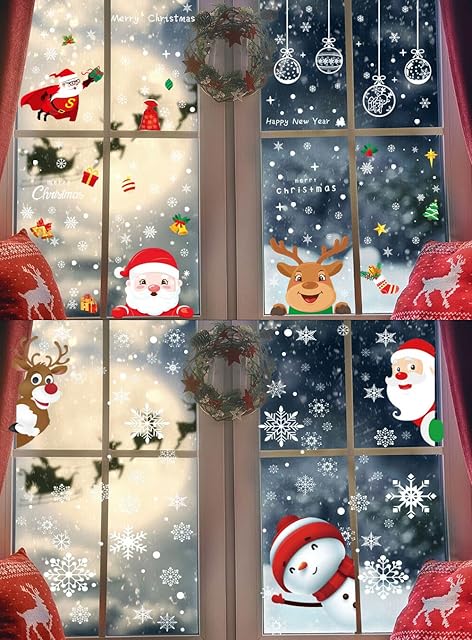 VAWcornic Xmas Window Clings, 448 PCS Christmas Window Stickers Decoration Snowflake Reindeer Santa Claus Peeking Christmas Window ClingsMerry Christmas Window Decals for Christmas Party Supplies