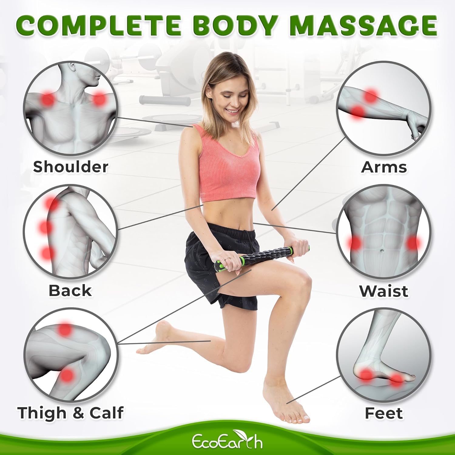 EcoEarth Muscle Roller Stick (43x4cm, 1 PK) - Lymphatic Drainage Massager for Arm, Shoulder, Back & Leg - Myofascial Release Trigger Point Fascia Massage Tool
