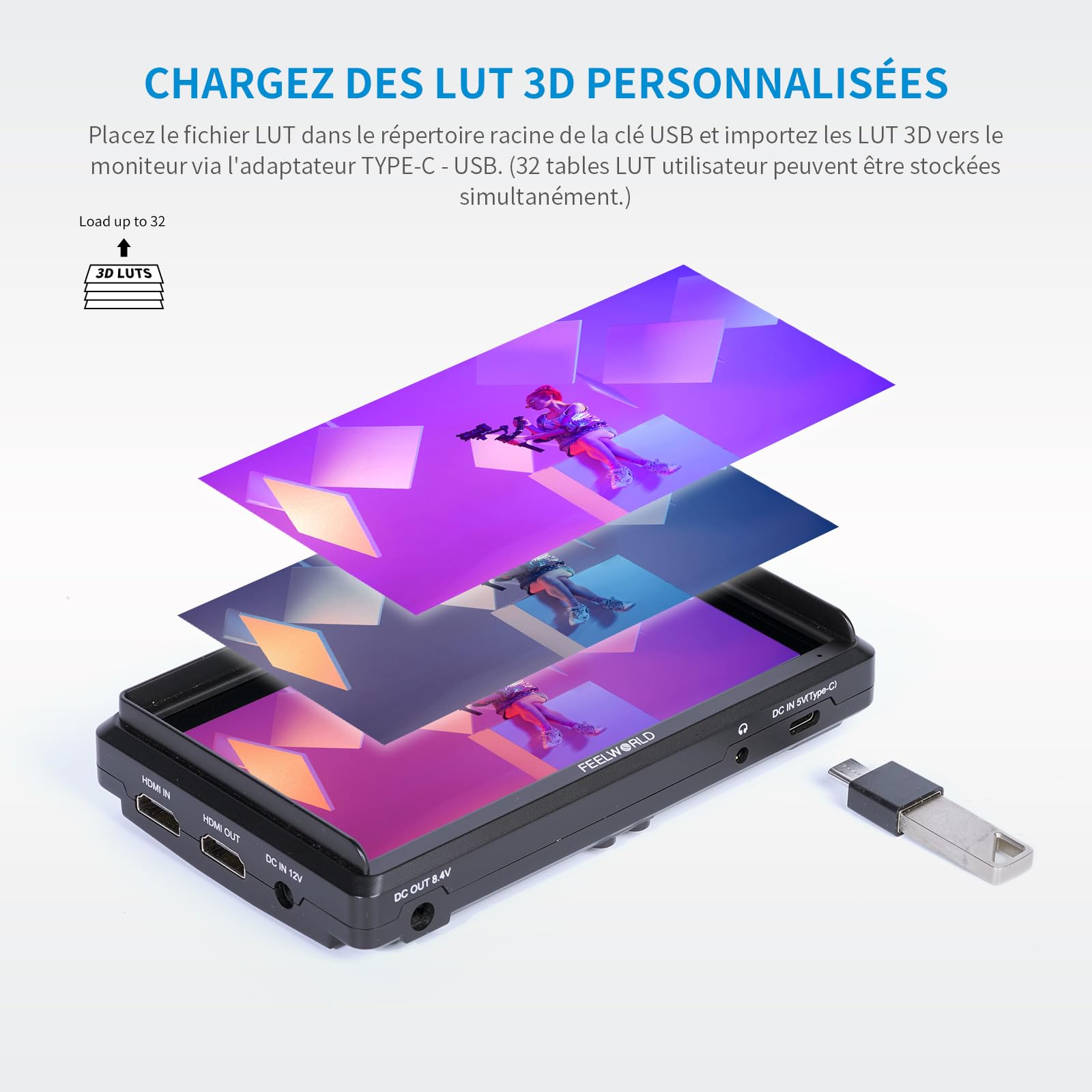 Feelworld S55 V3 5.5 Pouces sur Caméra Moniteur DSLR Camera Field Monitor Small Full HD 1920x1080 IPS Peaking Focus Video Assist avec 4K HDMI 8.4V DC Input Output Livré avec Batterie et Sac，Tilt Arm