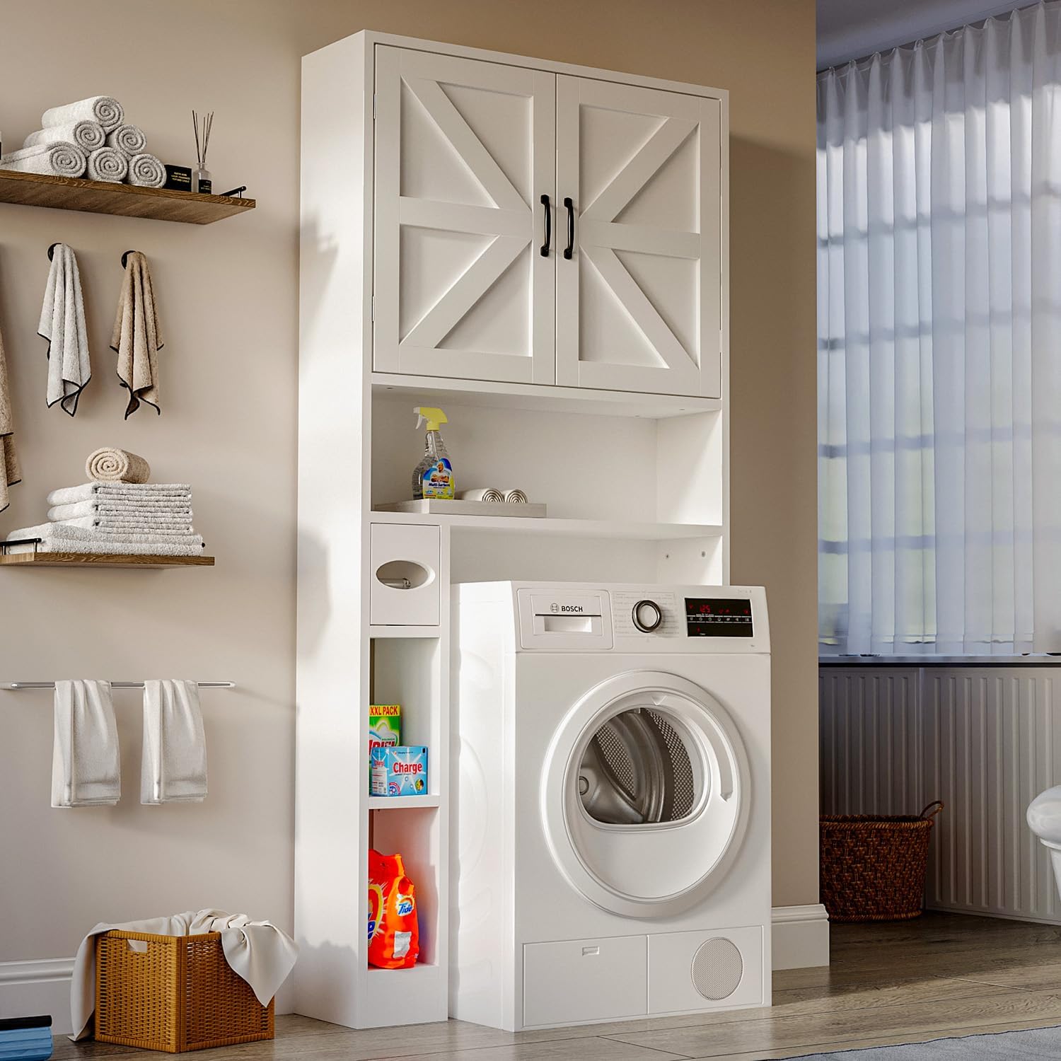 Badezimmerschrank, Waschmaschinenschrank, Waschmaschine Trockner Schrank mit 2 Türen und Verstellbaren Regalen, Toilettenregal, Toilettenschrank, Weiß
