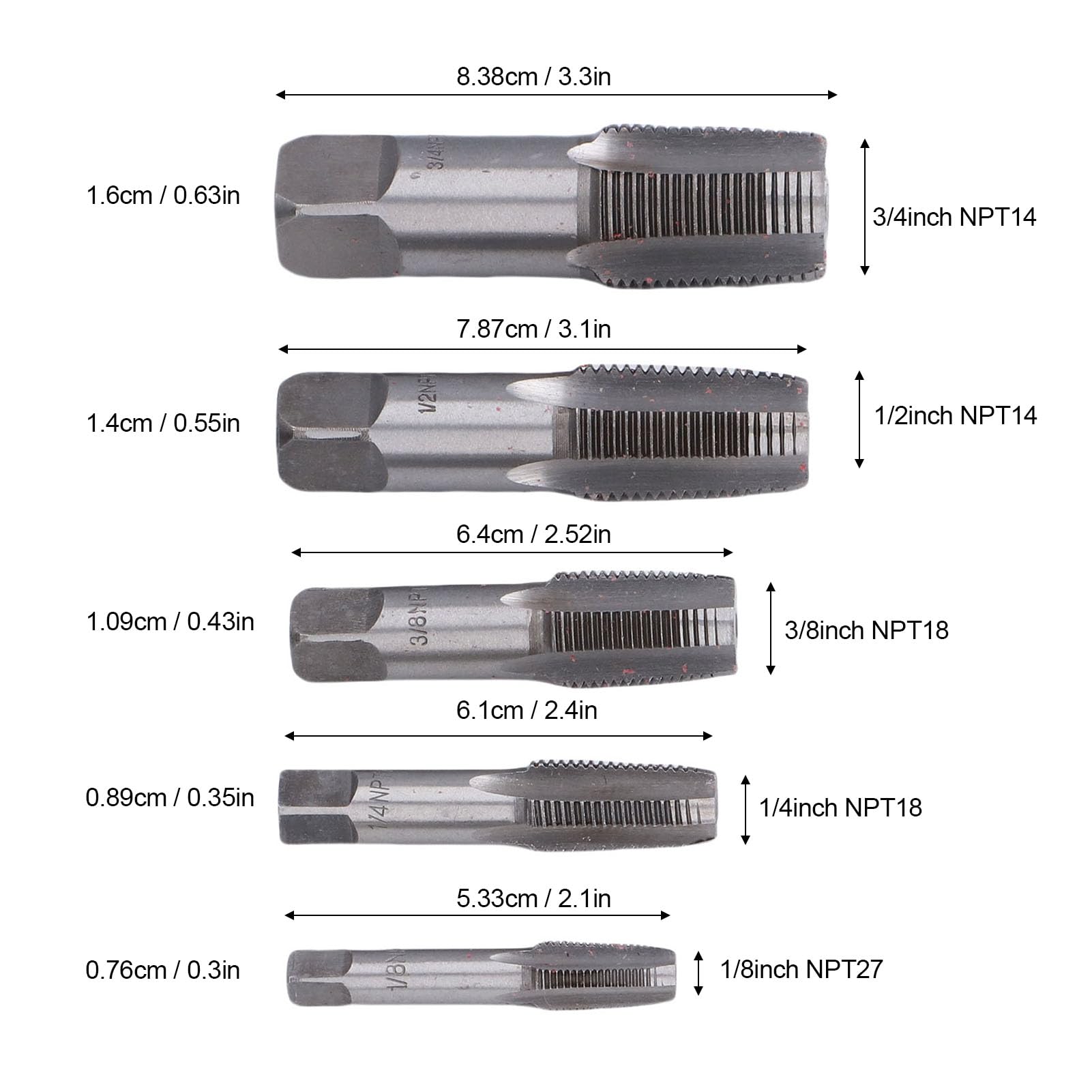Juego de 5 machos de roscar para tuberías NPT, de Acero al Carbono, para fontanería, mecánicos y Aficionados al Bricolaje, con roscas de 3/4", 1/2", 3/8", 1/4" y 1/8".