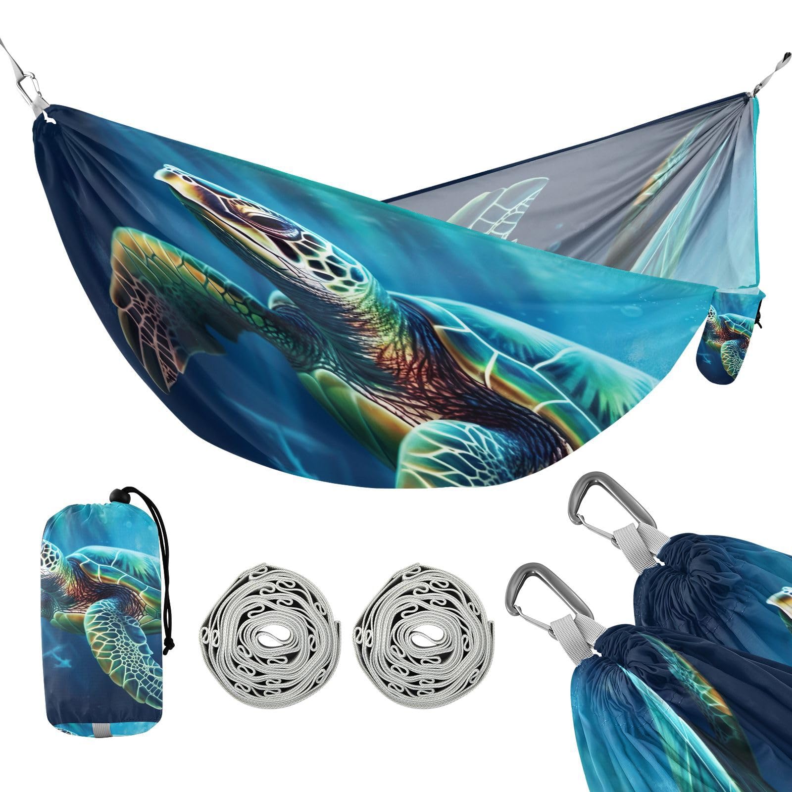 Haskirky Green Sea Turtle Camping Hammock, Single Portable Hammocks with Tree Straps & Attached Carry Bag, 330Lbs Capacity Perfect for Outside Indoor Hiking Beach Backpack Travel