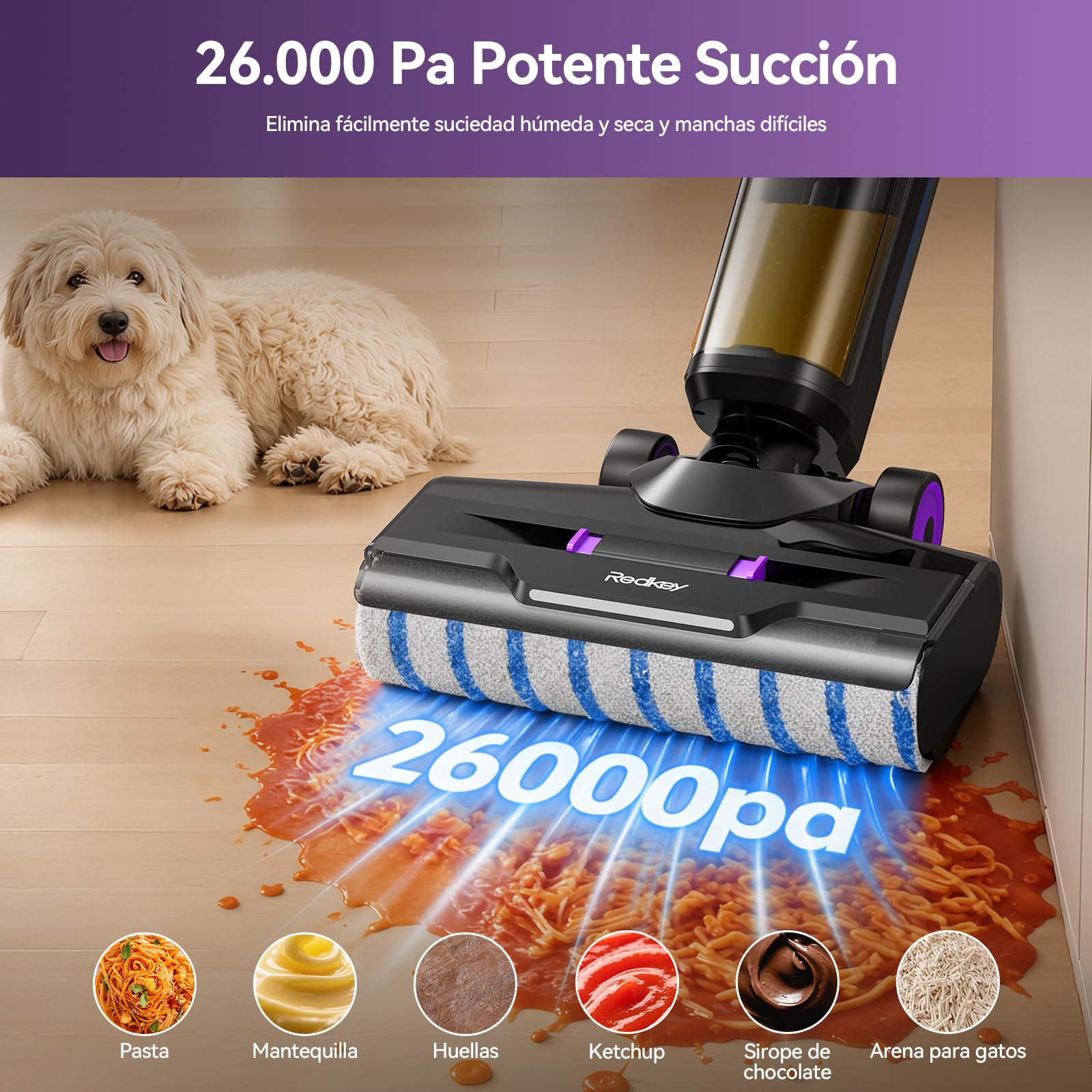 Redkey W15 Aspiradora Fregadora Sin Cable en Seco y Húmedo, 26.000 Pa, Autolimpieza y Fregado, 910ml Doble Depósito, 3 Modos, 6mm Limpieza de Bordes, Pantalla LED, para Pelos de Mascotas y Suelos
