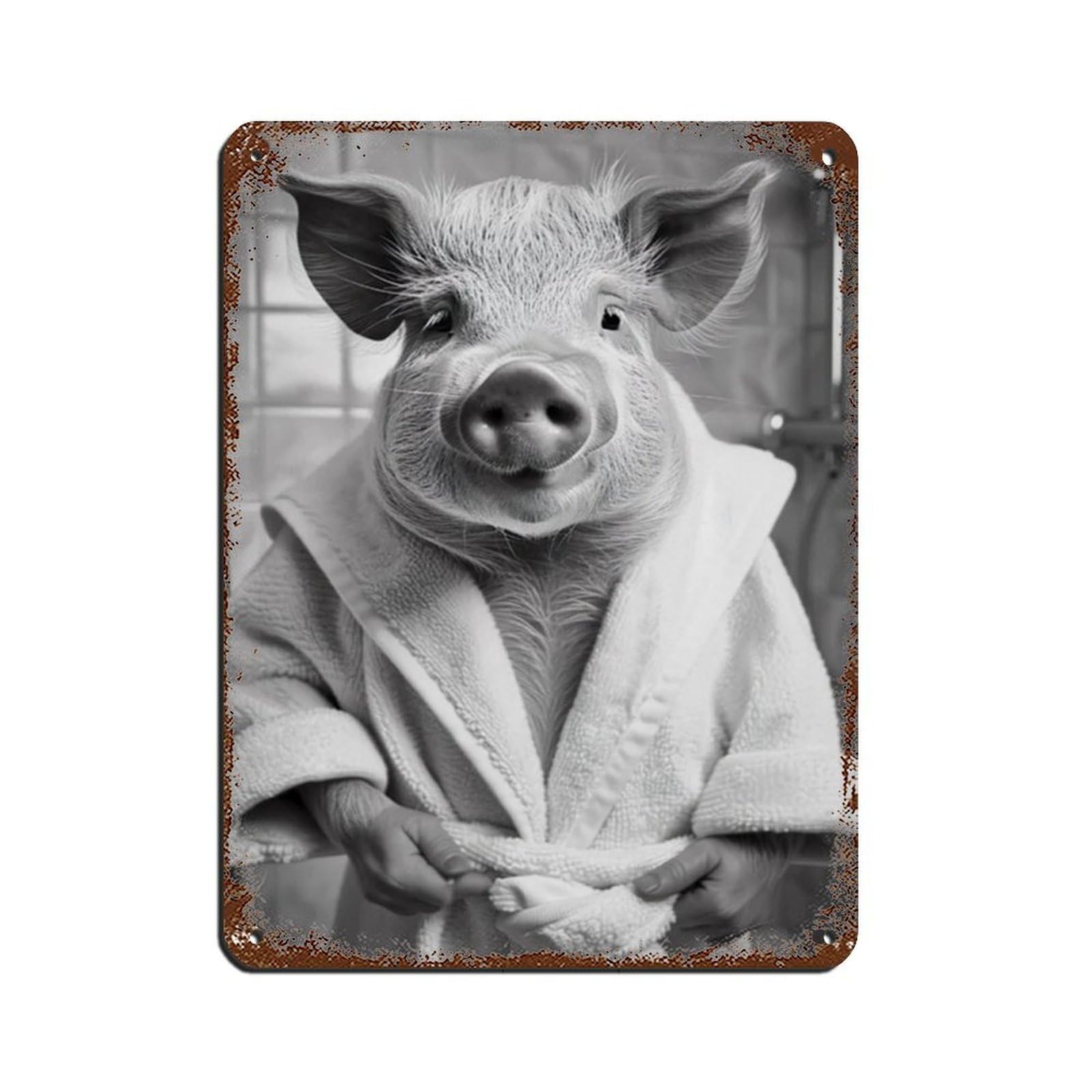 Pig in A Bathrobe, Funny Bathroom Art Tin Sign Vintage Metal Pub Club Cafe Bar Home Wall Art Decoration Poster Retro 12x16inch(30x40cm)