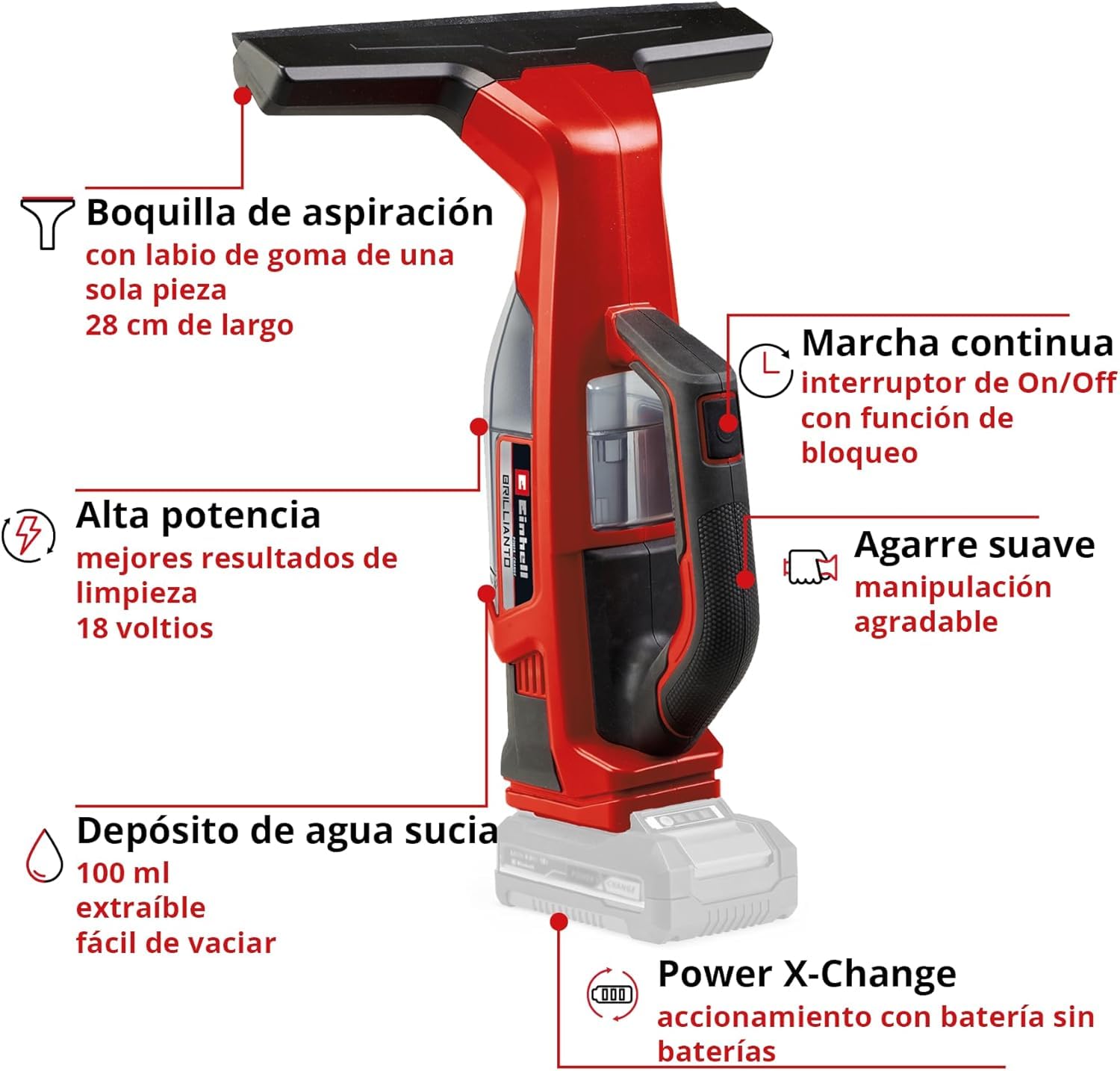 Einhell Limpiacristales con batería BRILLIANTO Power X-Change (18 V, Boquilla de aspiración de 28 cm de Longitud, Limpieza sin Tiras, Incl. pulverizador con paño de microfibras, sin batería)