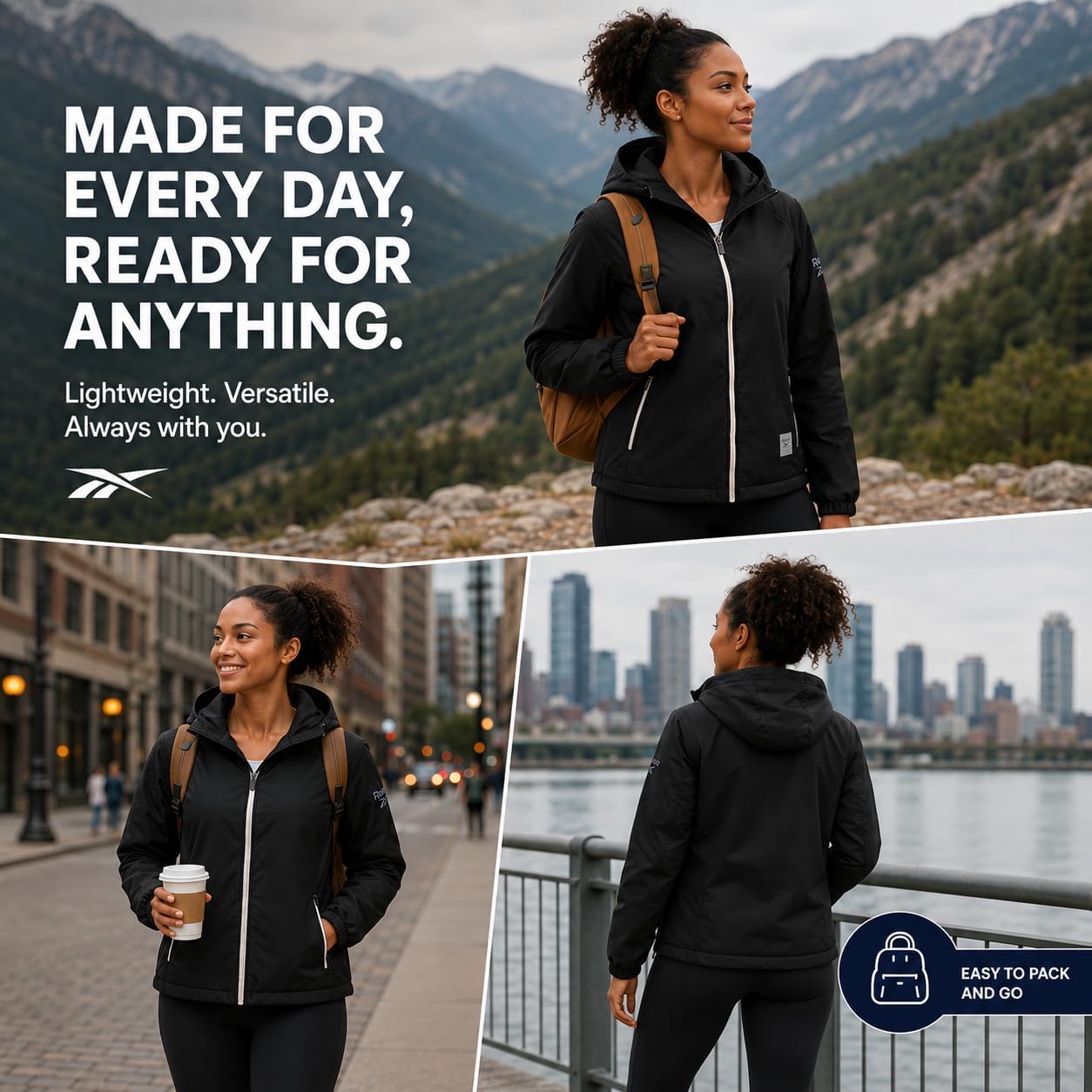 Reebok Womens Rain Jacket - Lightweight Full-Zip Coat with Hood & Pockets