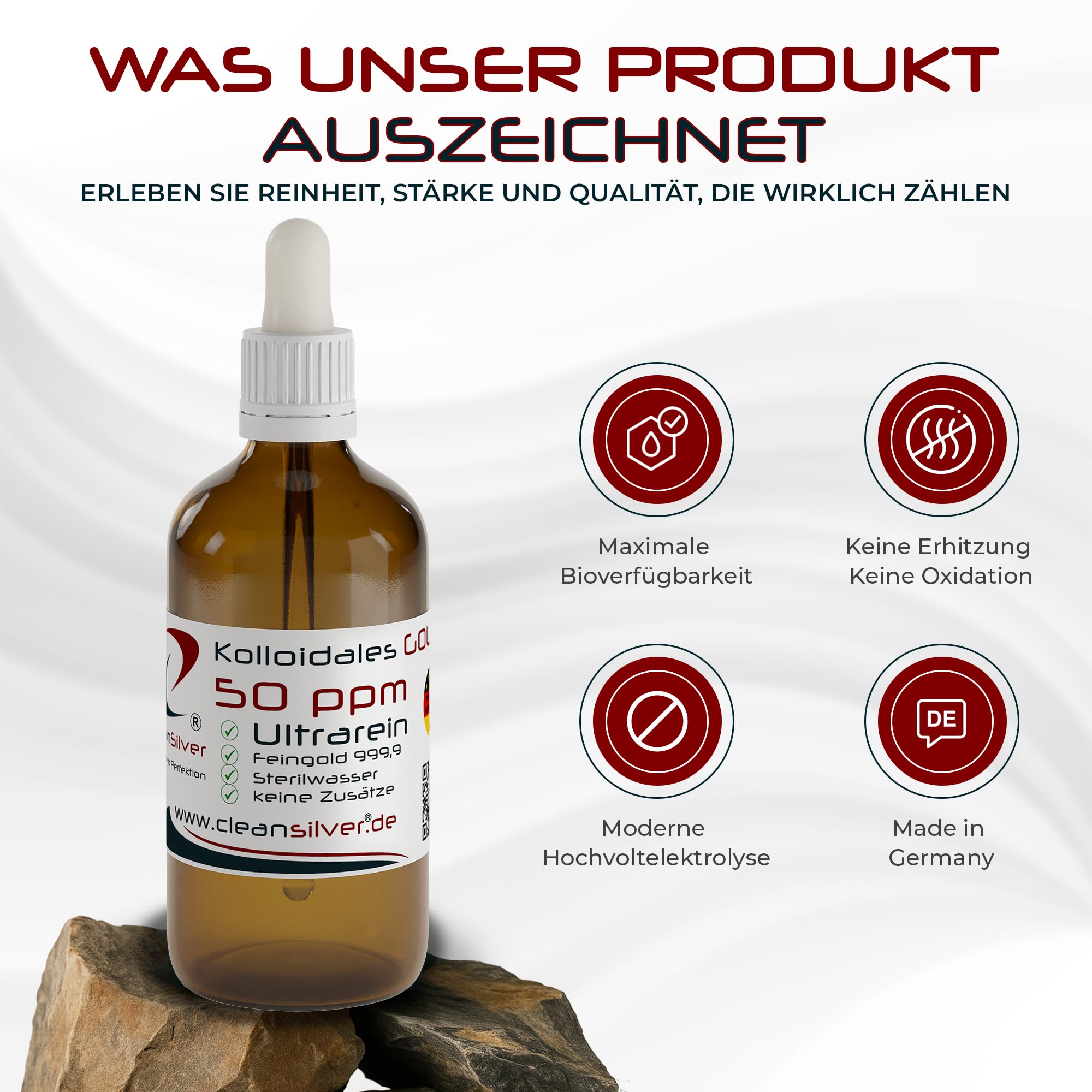 CleanSilver Kolloidales Gold 50 ppm, 100ml mit Pipette - Ultrarein: Sterilwasser und Feingold 99,99% - Made in Germany – stets frisch, keine Lagerware