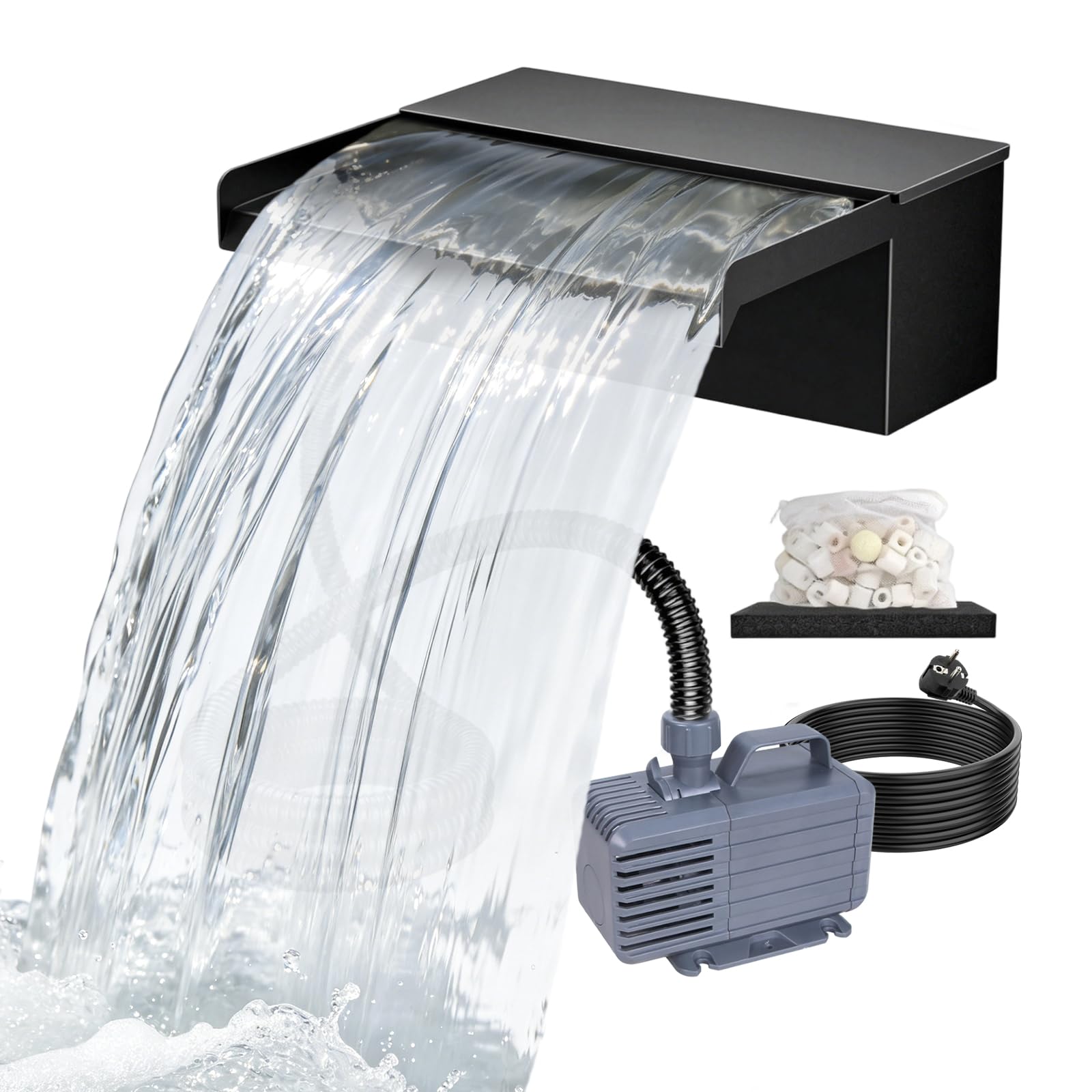 Teichwasserfall Set, 20cm Edelstahl Wasserfall Teich Überlauf für Gartenteich Komplett mit Pumpe Filter, 2500 L/H Pumpe, 3 m Schlauch für Gartenteich Wasserspiel Garten Deko Patio Terrasse Außenteich