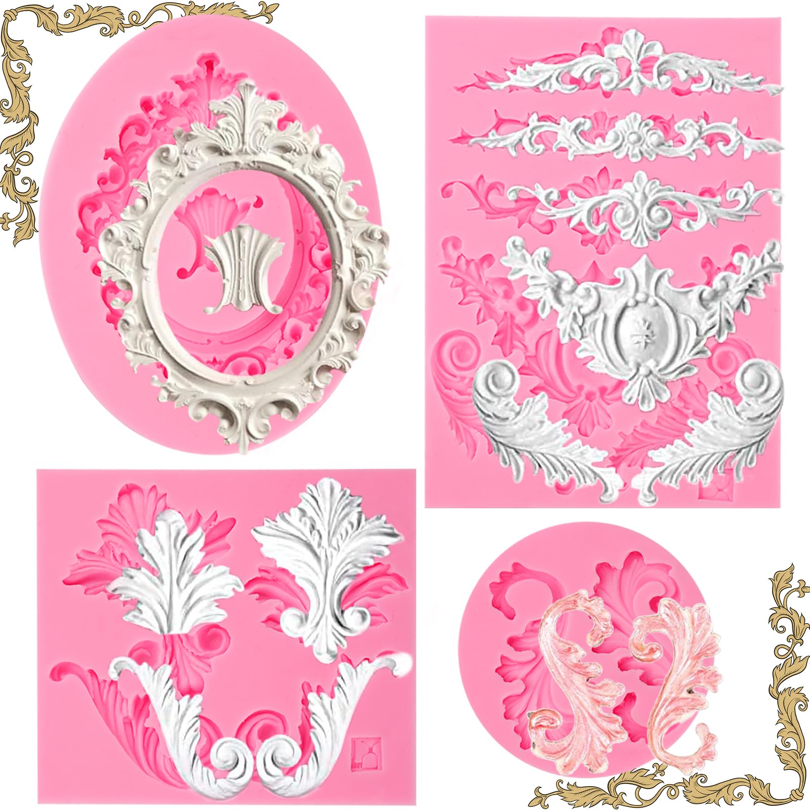 ICNYEKl 4 Pcs Baroque Scroll Relief Fondant Molds,European Vintage Mirror Frame Silicone Mold,for Cake Decoration,Marzipan,Sugar Craft,Muffin,Mousse,