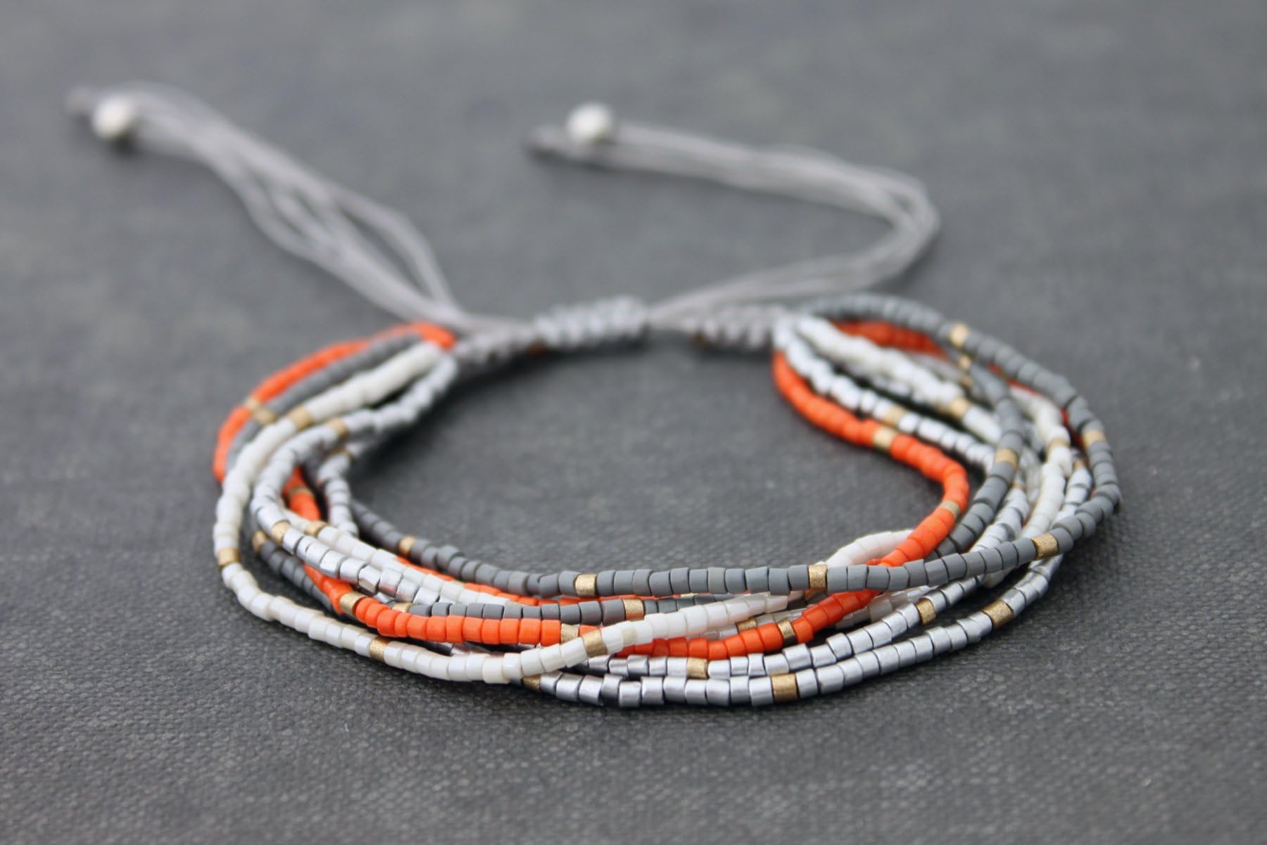 Beaded Strand Bracelets, Miyuki Seed Beads Bracelets, Woven Macrame Small Grey Orange Mix Beads Bracelets, Multi Strand Friendship Bracelets