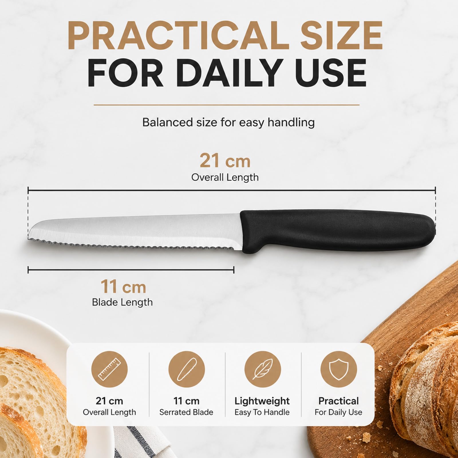 Carehabi Juego de 6 Cuchillos de Pan y Chuleteros Hoja Dentada Acero Inoxidable Cuchillo de Mesa para Desayuno y Cocina