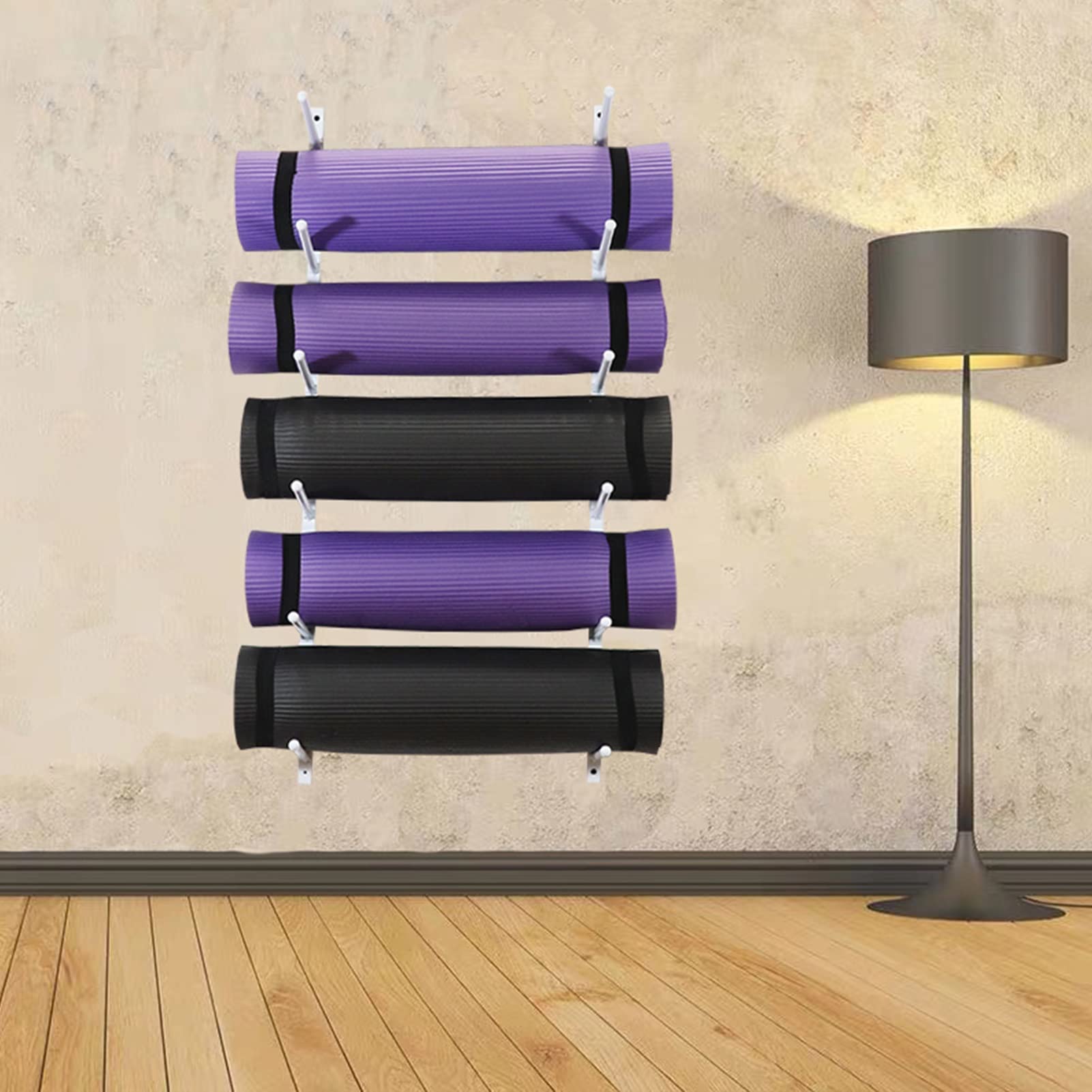 Estante para esterillas de Yoga, Estante de Pared para esterillas de Yoga - Estante metálico de 6 Niveles para Rodillos de Espuma y Equipos de Ejercicio - Espacio Ajustable - Elegante organi