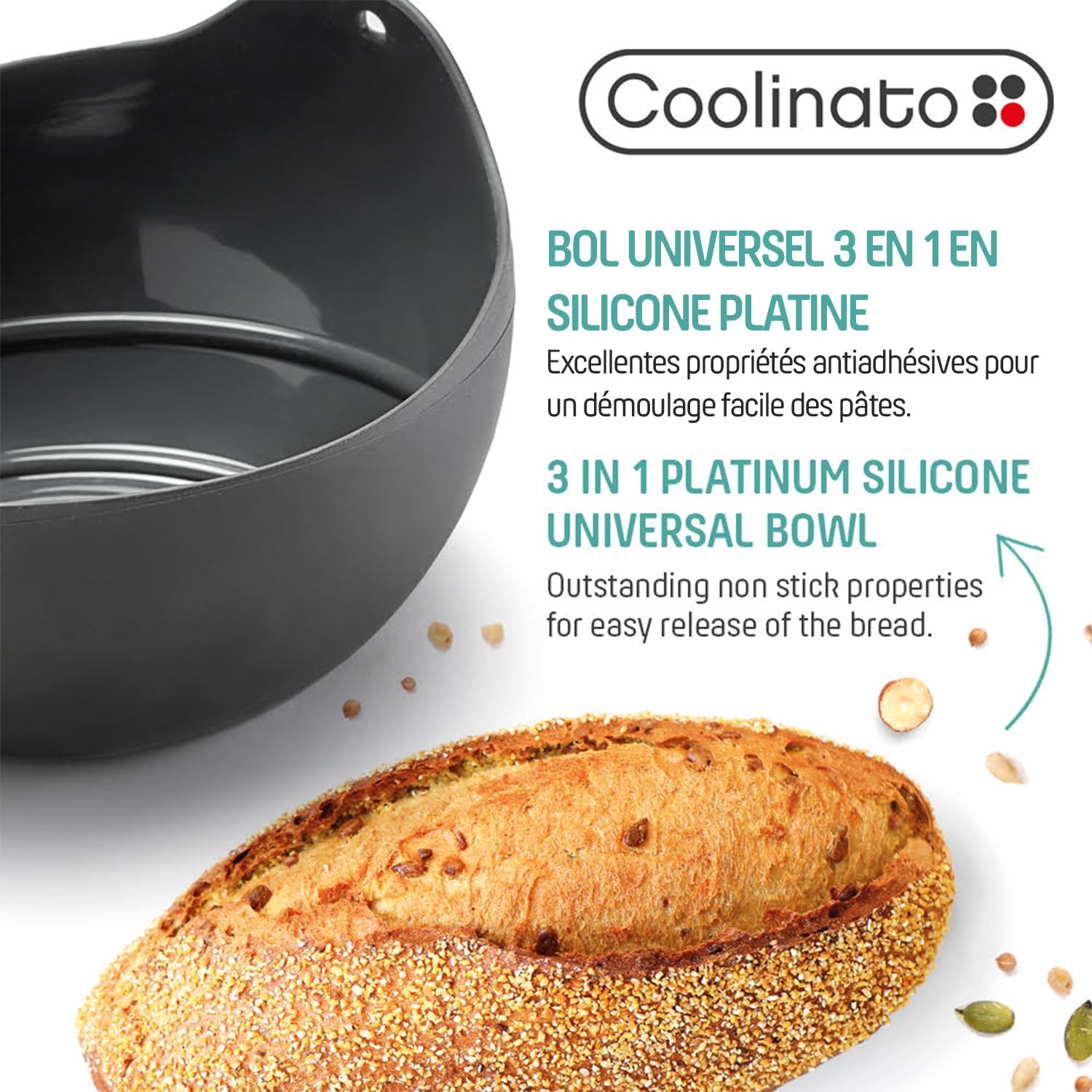 Coolinato Bol universel 3 en 1 en silicone, moule à pain pour cuire, mélanger et cuire à la vapeur, résistant à la chaleur jusqu'à 230 °C, 24cm