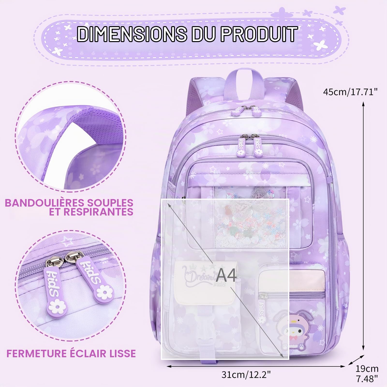 KEBEIXUAN Cartable Fille Primaire Kawaii, Sac à Dos Scolaire Léger et Résistant à l'Eau pour Filles 6-10 Ans (CP au CM2), Grande Capacité avec Accessoires, Idéal École et Loisirs (Violet)