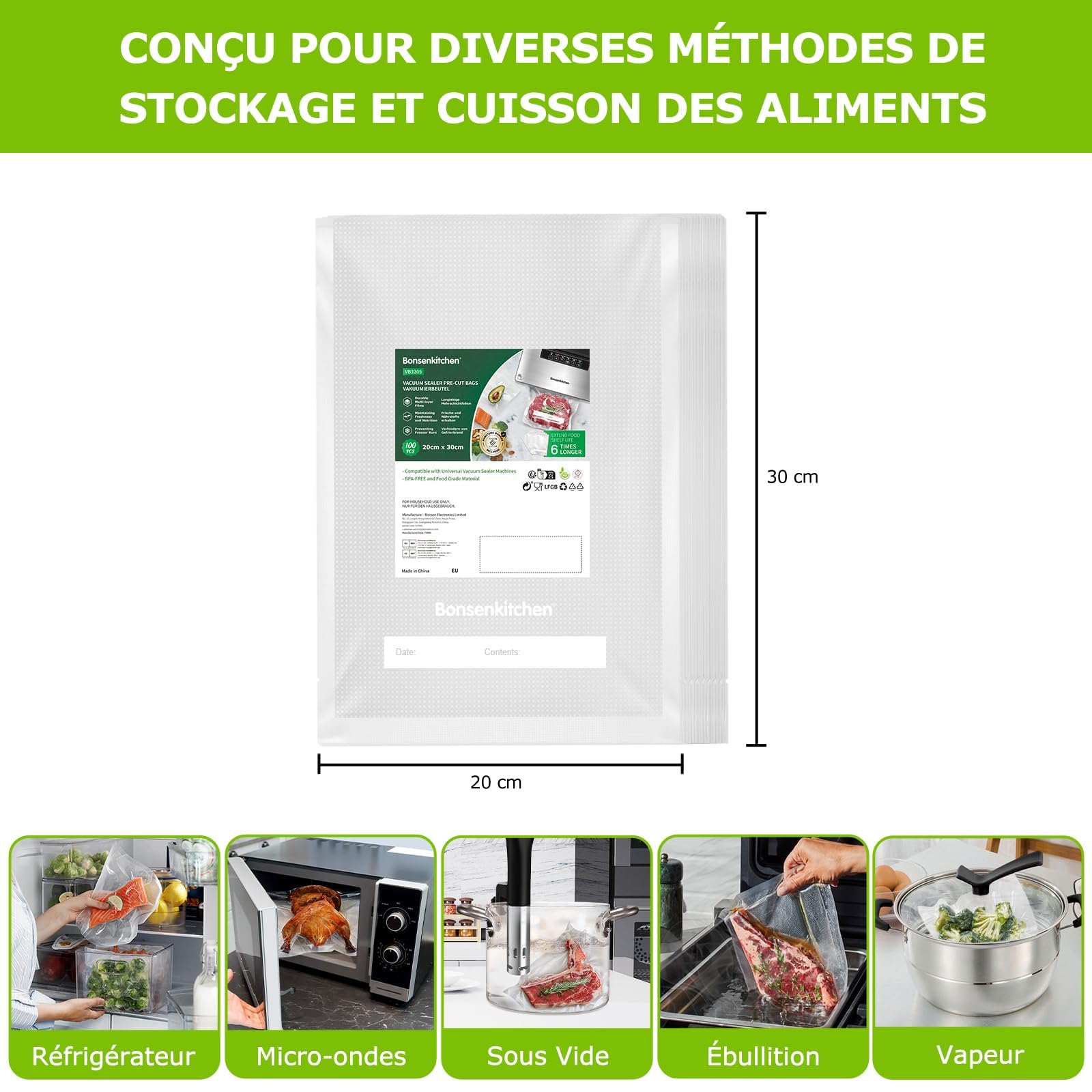Bonsenkitchen Sacs Sous Vide Alimentaire 100 Sachets 20 x 30 cm pour Machine Sous Vide - Sacs à Faire le Vide d'air Gaufrés pour la Conservation des Aliments et la Cuisson, VB3205
