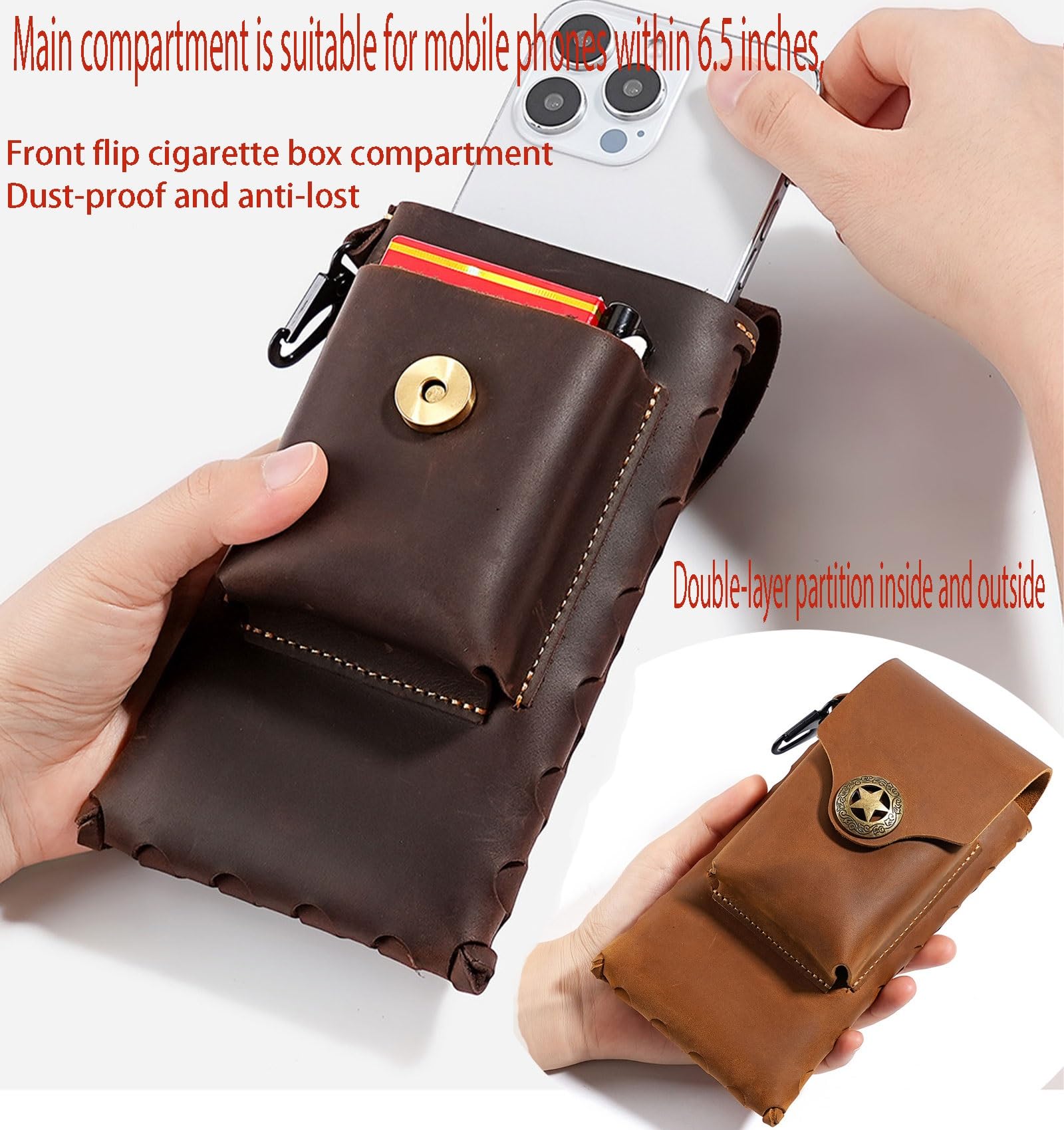 Marsupio mobile da uomo, organizer in pelle con clip in metallo e chiusura magnetica, ideale per attività all'aperto, pesca, caccia, lavori edili, Marrone chiaro