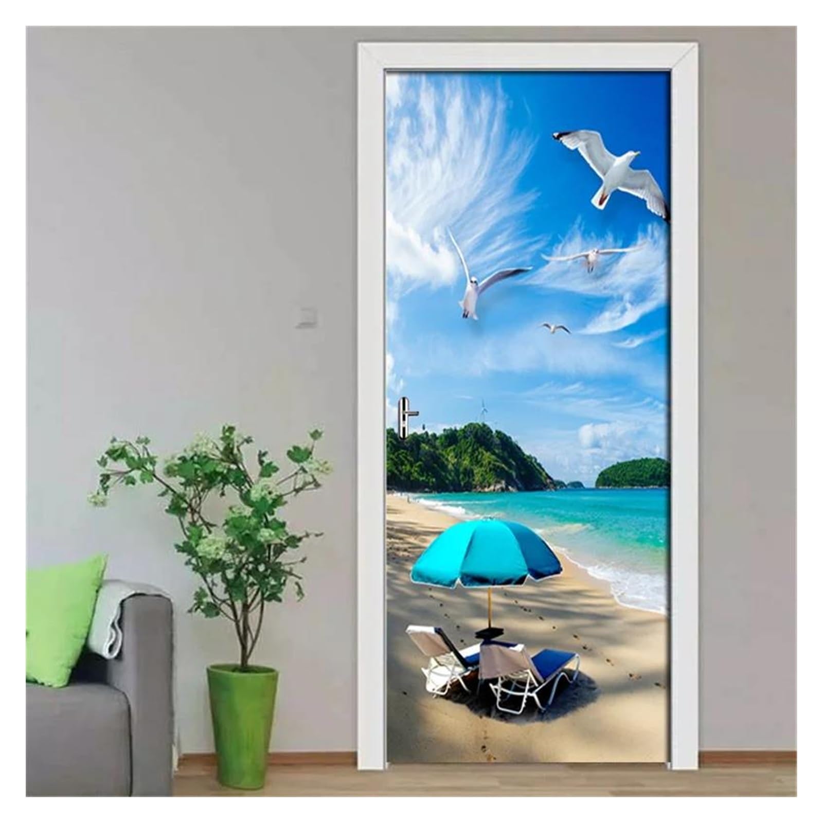 Sticker de porte trompe l'œil plage en PVC 3D 77x200cm pour cuisine et salon