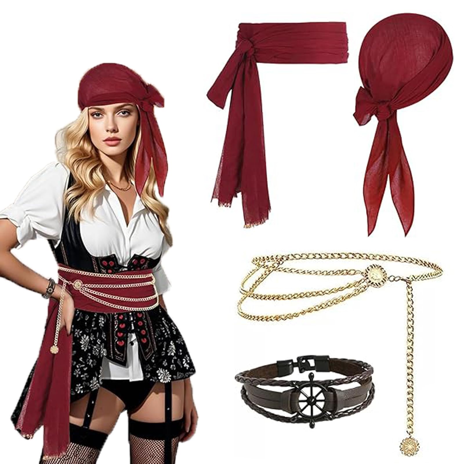 DXPETA Pirate Costume Adult Women, 4 Pcs Pirate Accessories Set, Pirate Theme Party Outfit for Halloween, Cosplay, Stage Performance