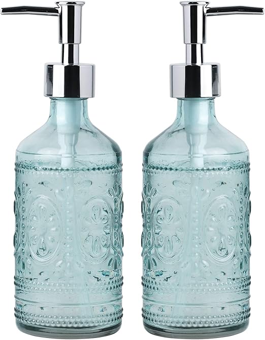 Gala Houseware 12 oz Embossed Glass Lotion and Soap Dispenser Pump, Set of 2 Liquid Hand Soap