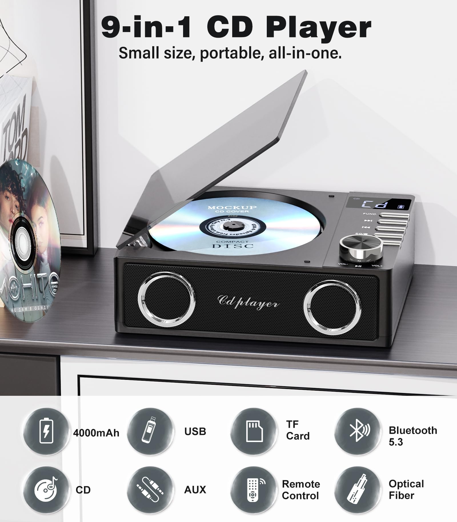 Greadio Lecteur de CD portable Discman Lecteur de CD, protection anti-saut 4 Sons EQ, Carte TF/Sortie AUX, petit Lecteur de musique, Compatible avec CD-R, CD-RW et MP3 pour