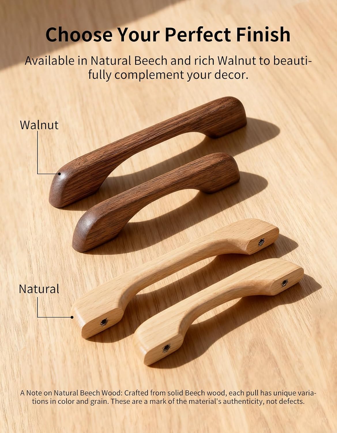 2 Pack Solid Walnut Cabinet Pulls, 3.75 Inch Hole Centers, Modern Dark Wood Drawer Handles for Kitchen, Furniture Hardware & Dresser, 4.96" Length