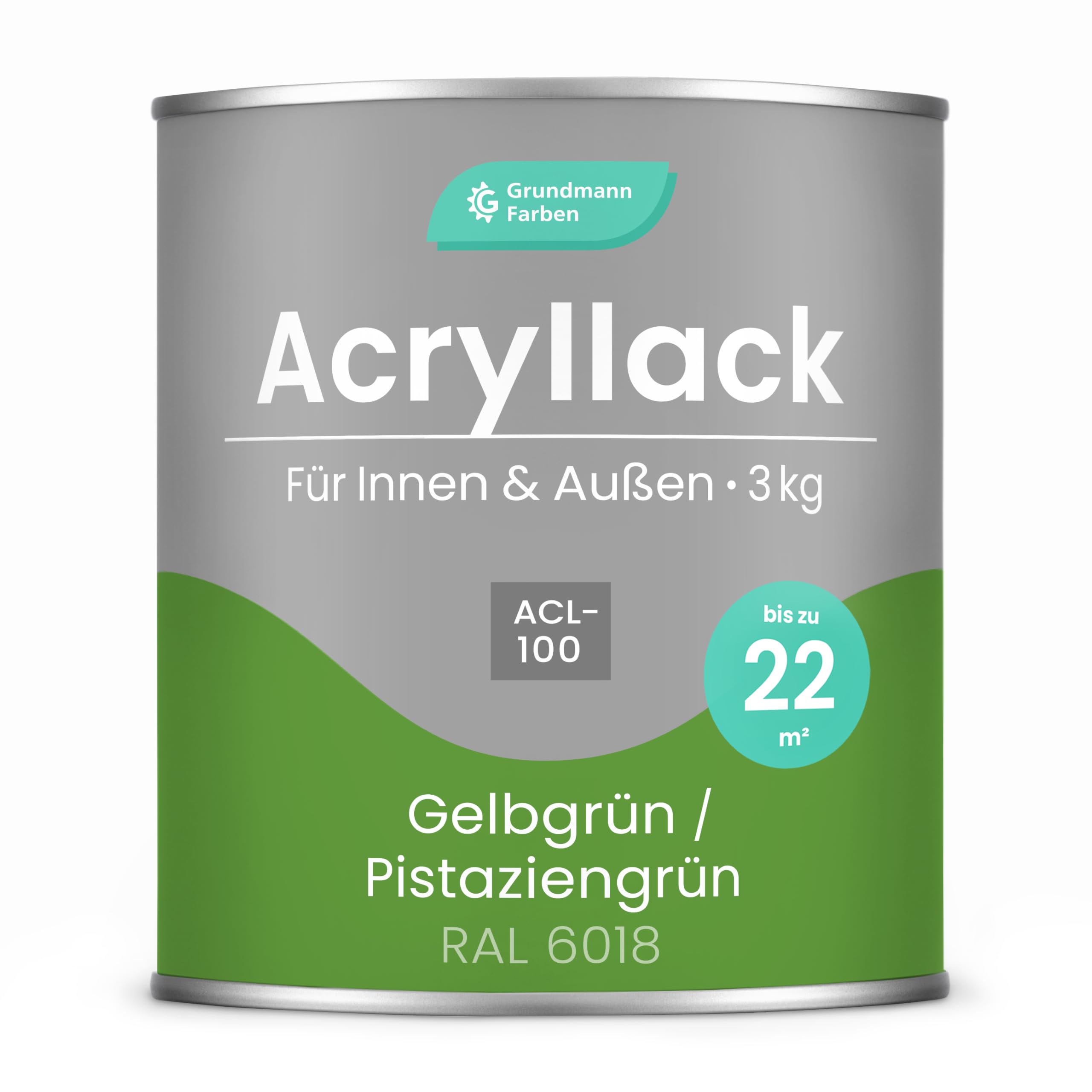 Grundmann Acryllack ACL 100 - Pistaziengrün 3 Kg - 4in1 Lack inkl. Grundierung - Innen und Außen - Für Holz, Metall, Stein & Kunststoff - Gelbgrün RAL 6018
