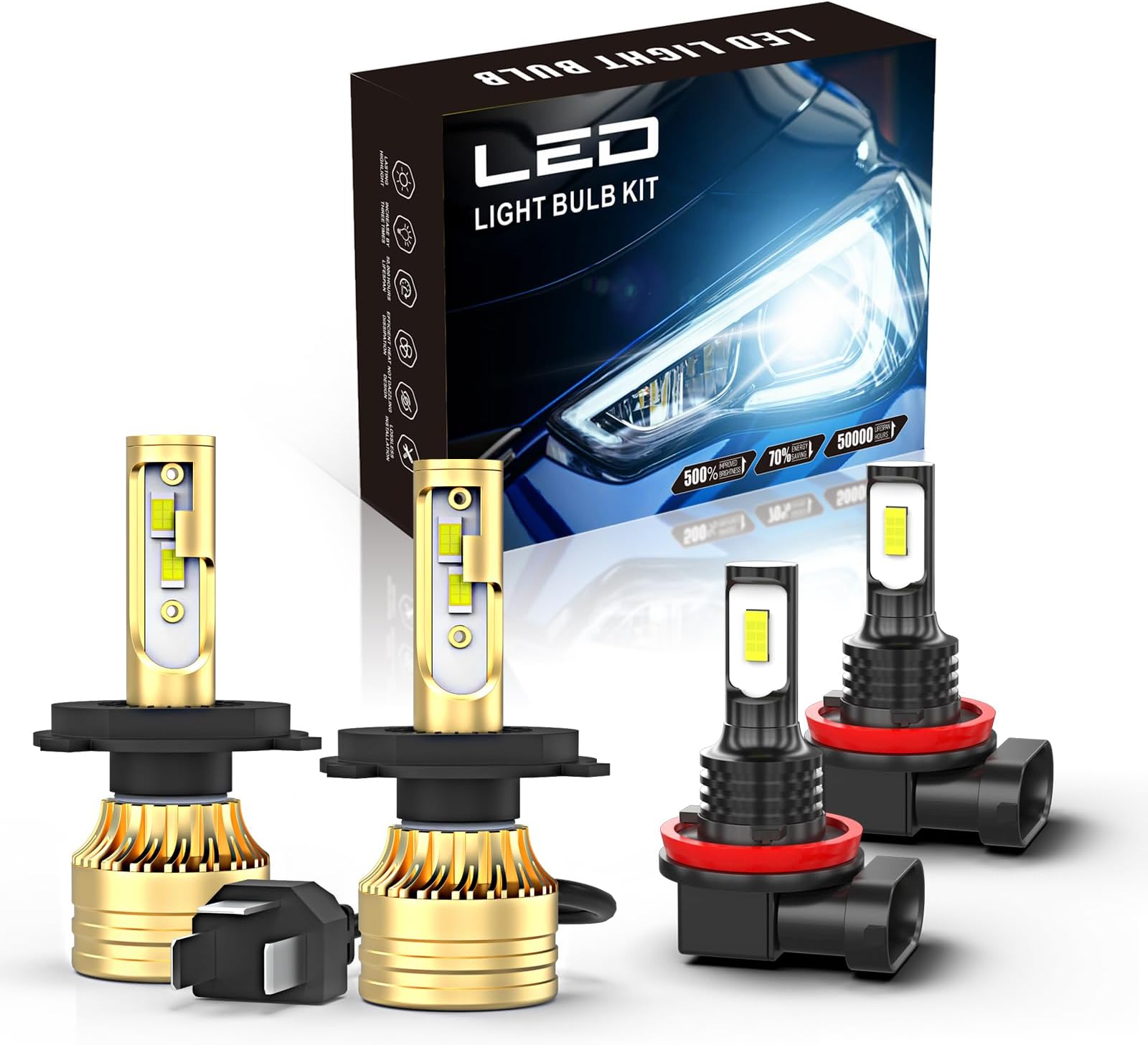 High&Low Beam and Fog light Bulbs Compatible For Off-Road,H4 High&Low Beam + H11 LED Fog Lights,6000K White,Plug and Play,Pack of 4