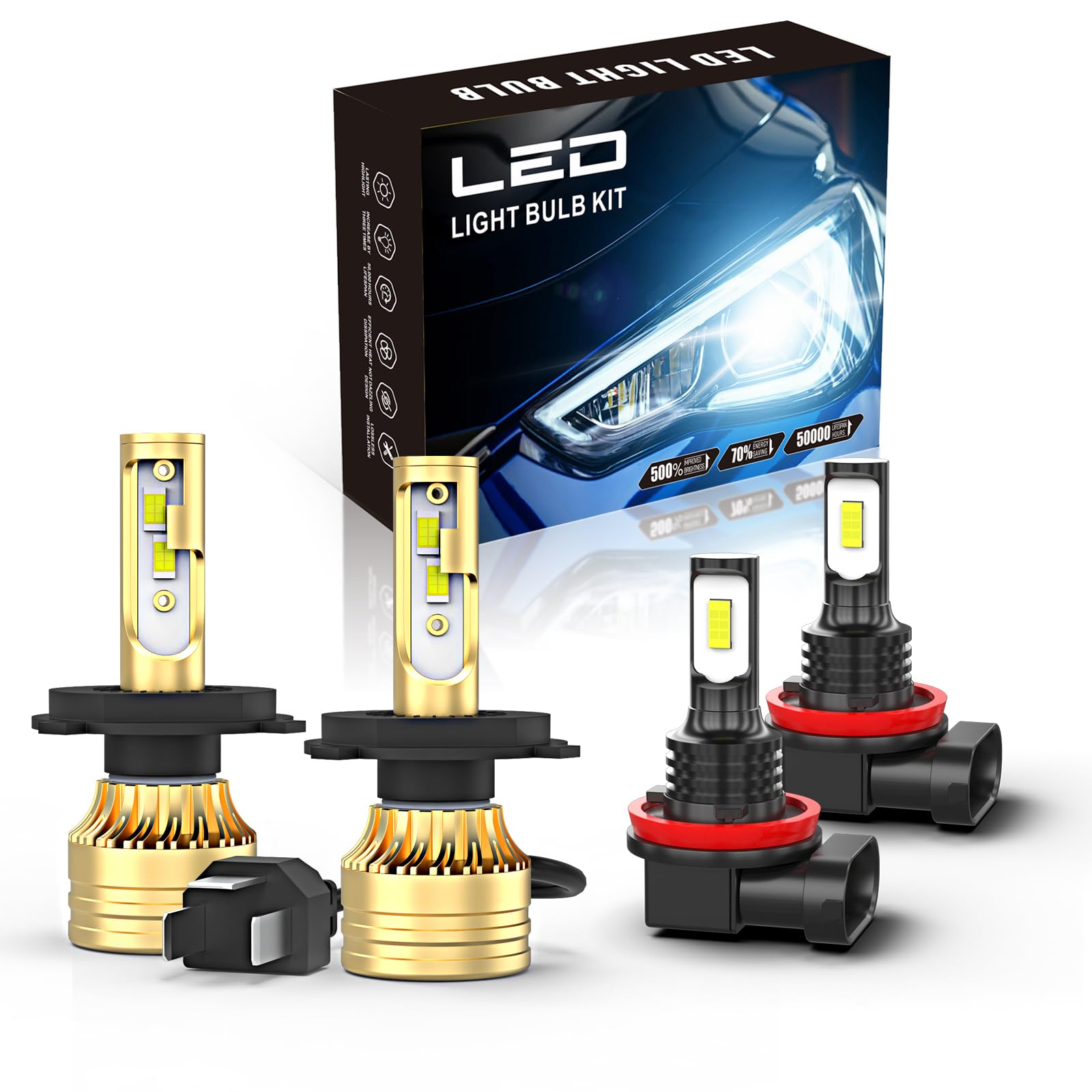 High&Low Beam and Fog light Bulbs Compatible For Off-Road,H4 High&Low Beam + H11 LED Fog Lights,6000K White,Plug and Play,Pack of 4