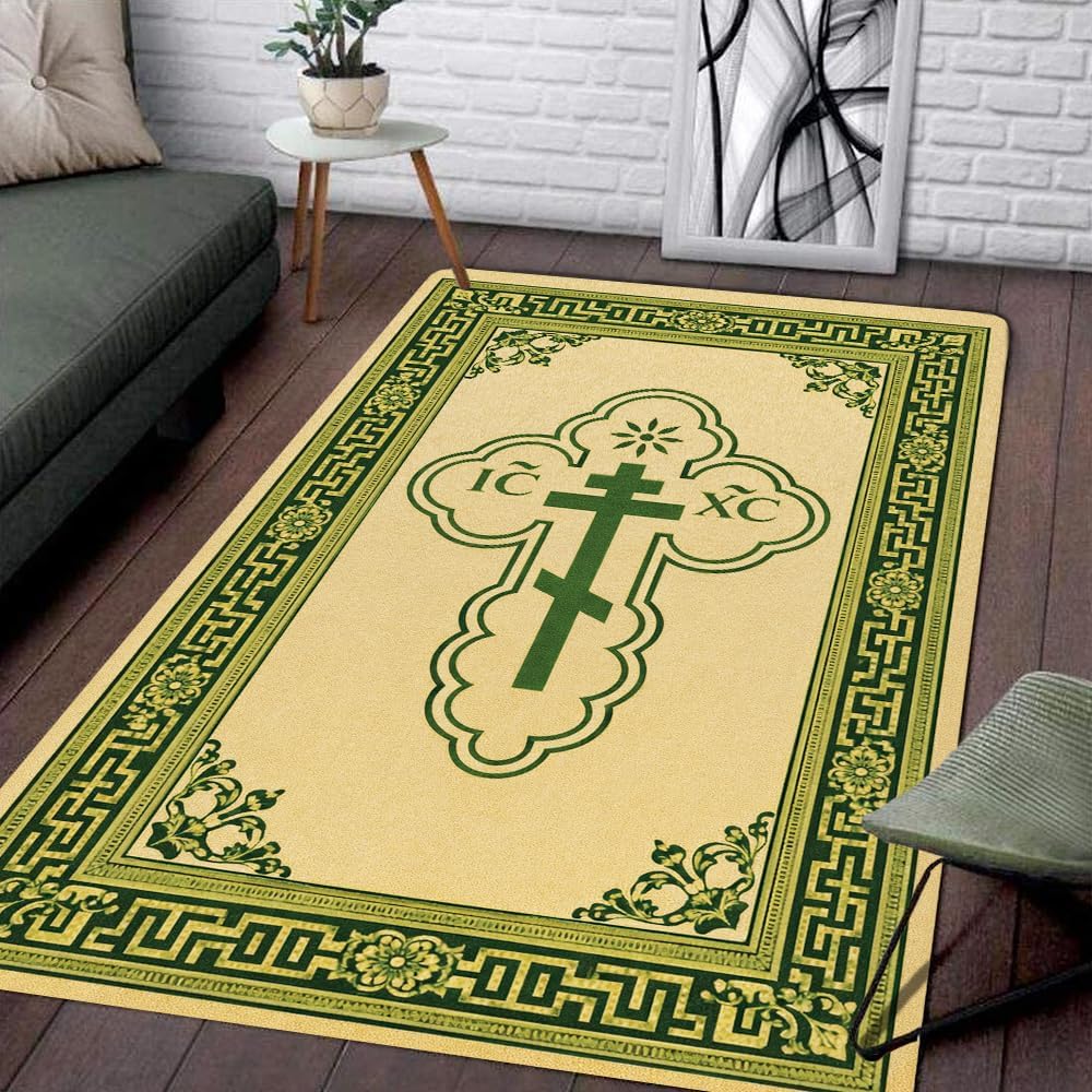 Personalized Orthodox Christian Area Rug, Custom Eastern Orthodox Russian Greek Byzantine Non-Slip Rug for Women Men, IC XC Nika Cross Mat for Living Room, Bedroom, Church Decor (D9)