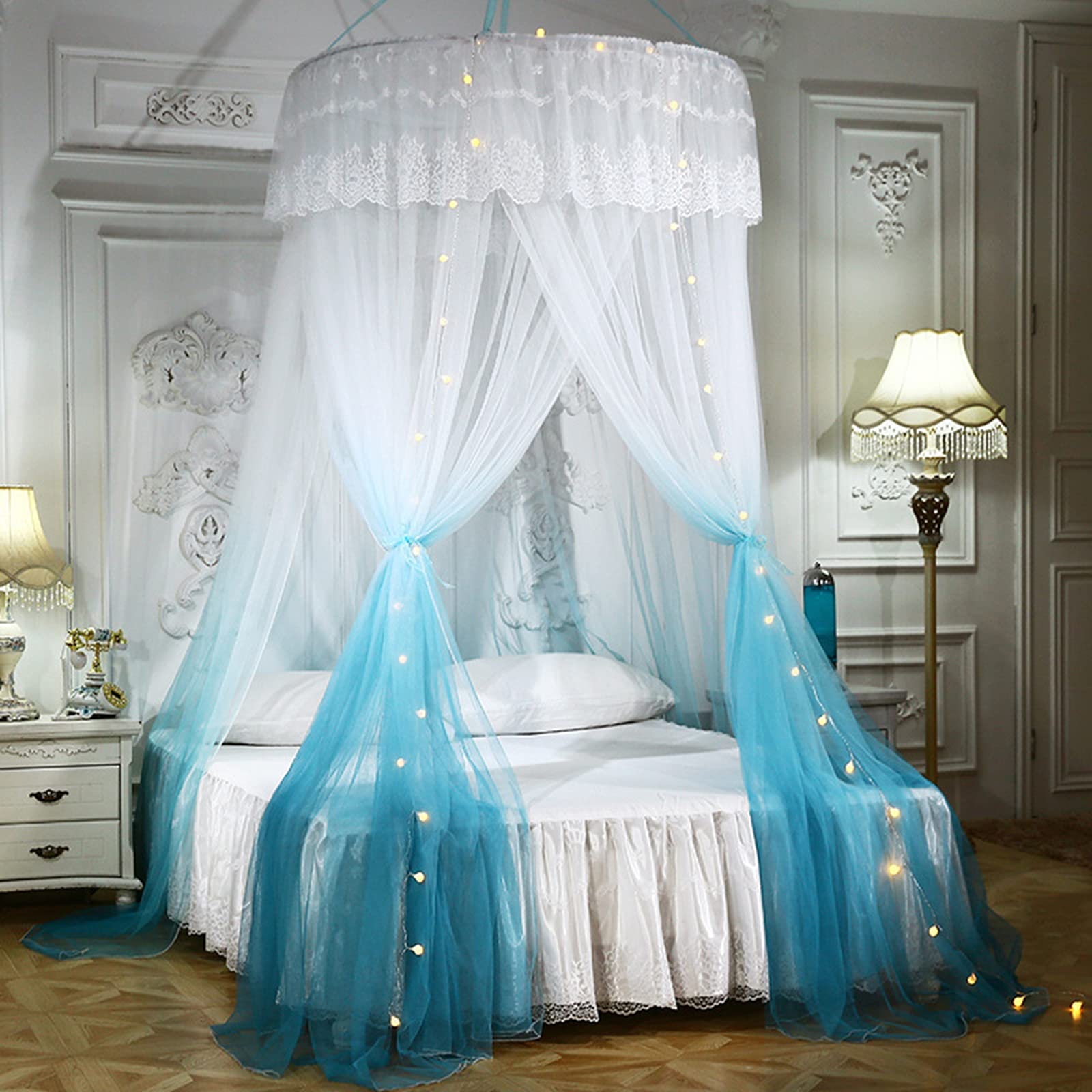 Moustiquaire pour lit double bleu OKUOKA tente maille dôme et auvent princesse
