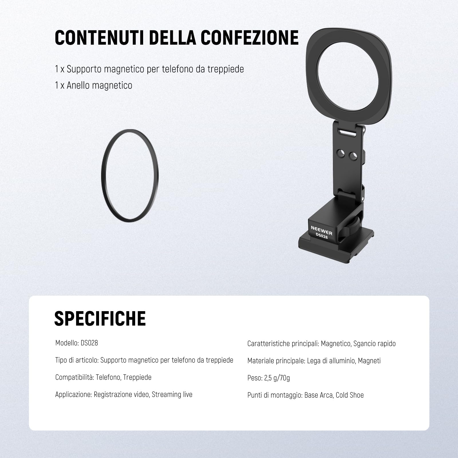 NEEWER Supporto magnetico per cellulare treppiede compatibile con MagSafe iPhone 17, supporto per cellulare con piastra a sgancio rapido Arca e scarpe Cold per registrazioni video TikTok, selfie Live