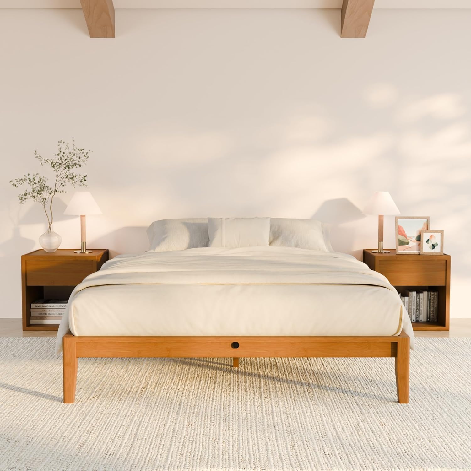 RECCI Bettgestell 160x200 aus massivem Bambus, Massivholzbett mit Steckverbindung, Modernes minimalistisches Bett, Geräuschlos, Werkzeuglose Montage, Bambus Natur